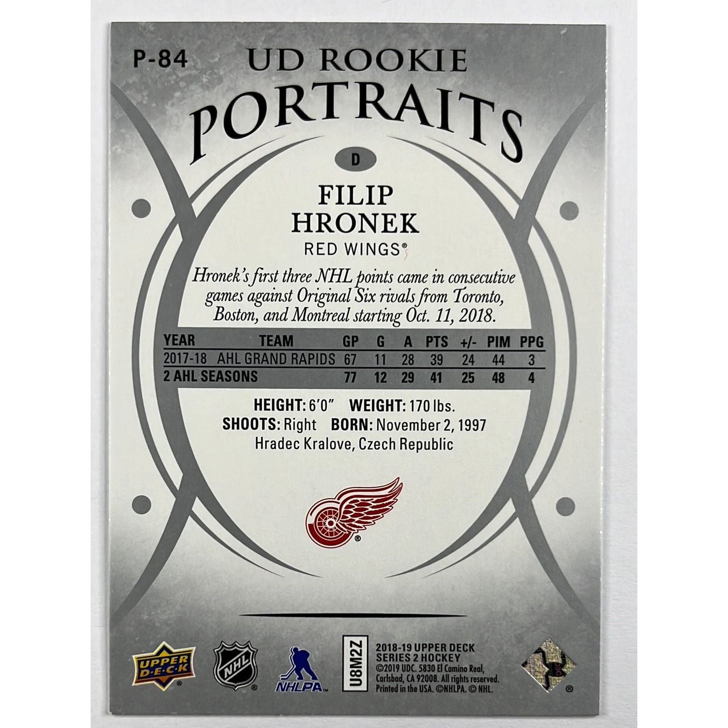 2018-19 Series 2 Filip Hronek UD Rookie Portraits | Local Legends Cards & Collectibles