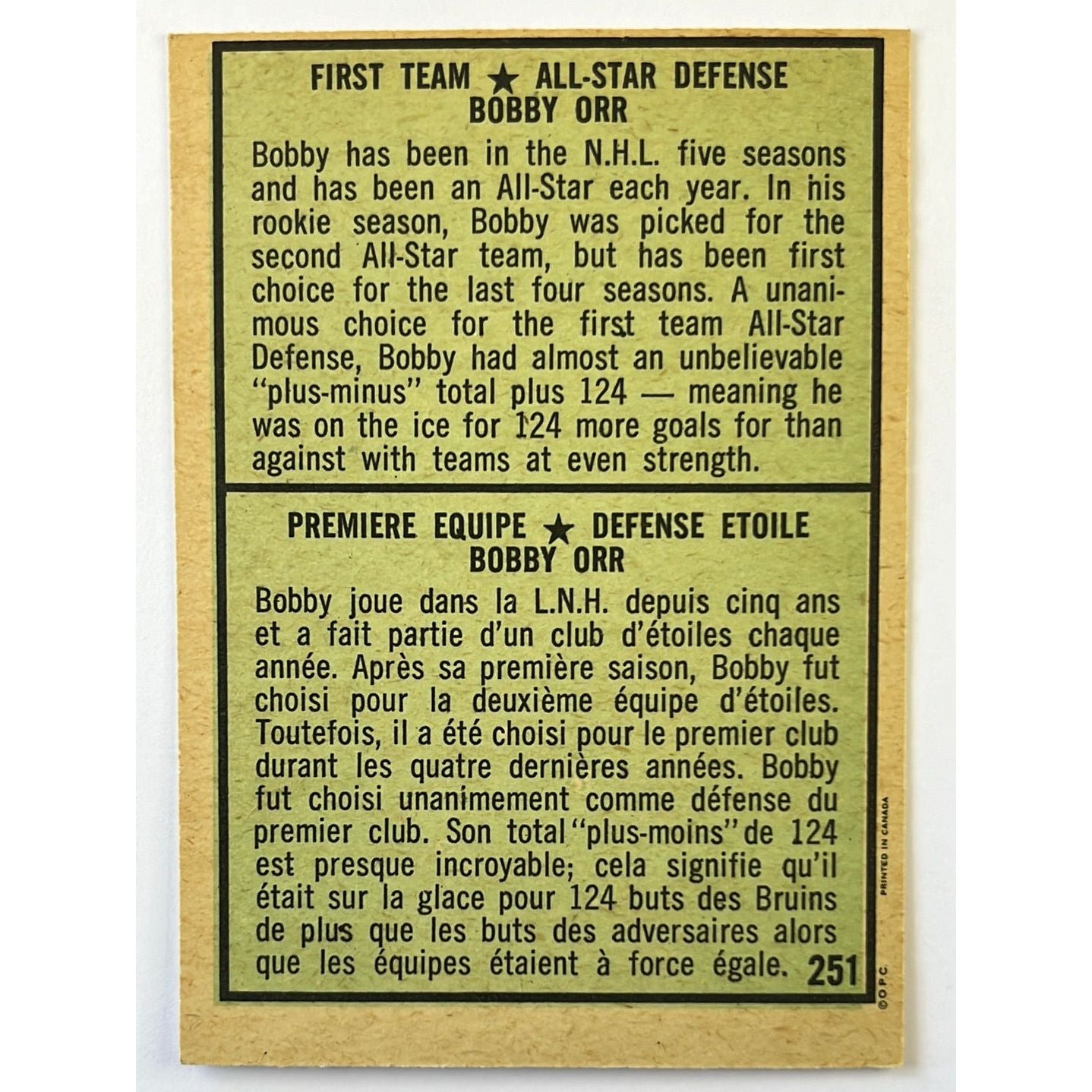 1971-72 O-Pee-Chee Bobby Orr 1st Team All-Star #251 | Local Legends Cards & Collectibles
