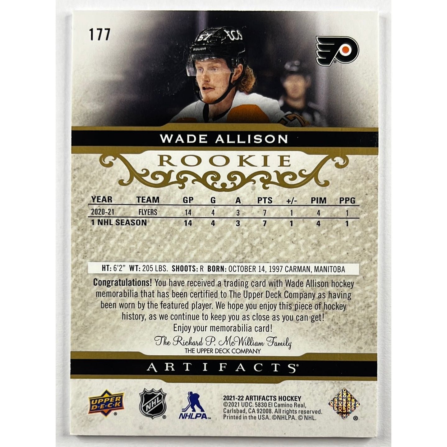 2021-22 Artifacts Wade Allison Rose Gold Dual Patch RC /799 | Local Legends Cards & Collectibles