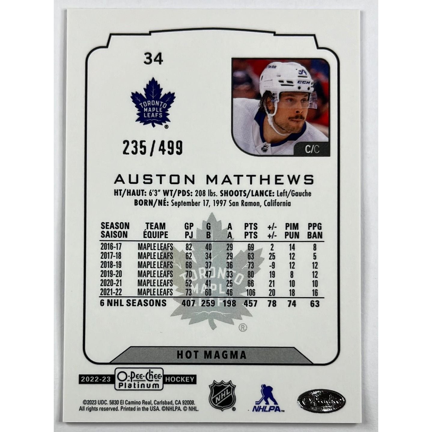 2022-23 O-Pee-Chee Platinum Auston Mathews Hot Magma /499 | Local Legends Cards & Collectibles