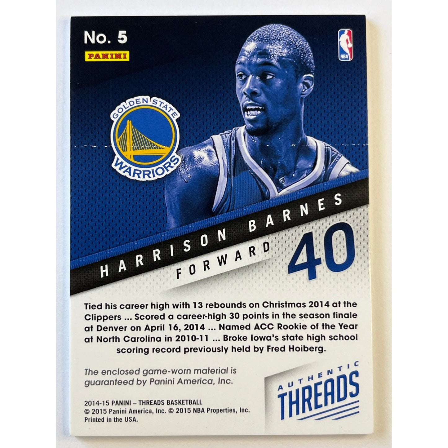 2014-15 Panini Threads Harrison Barnes Authentic Threads /199 | Local Legends Cards & Collectibles