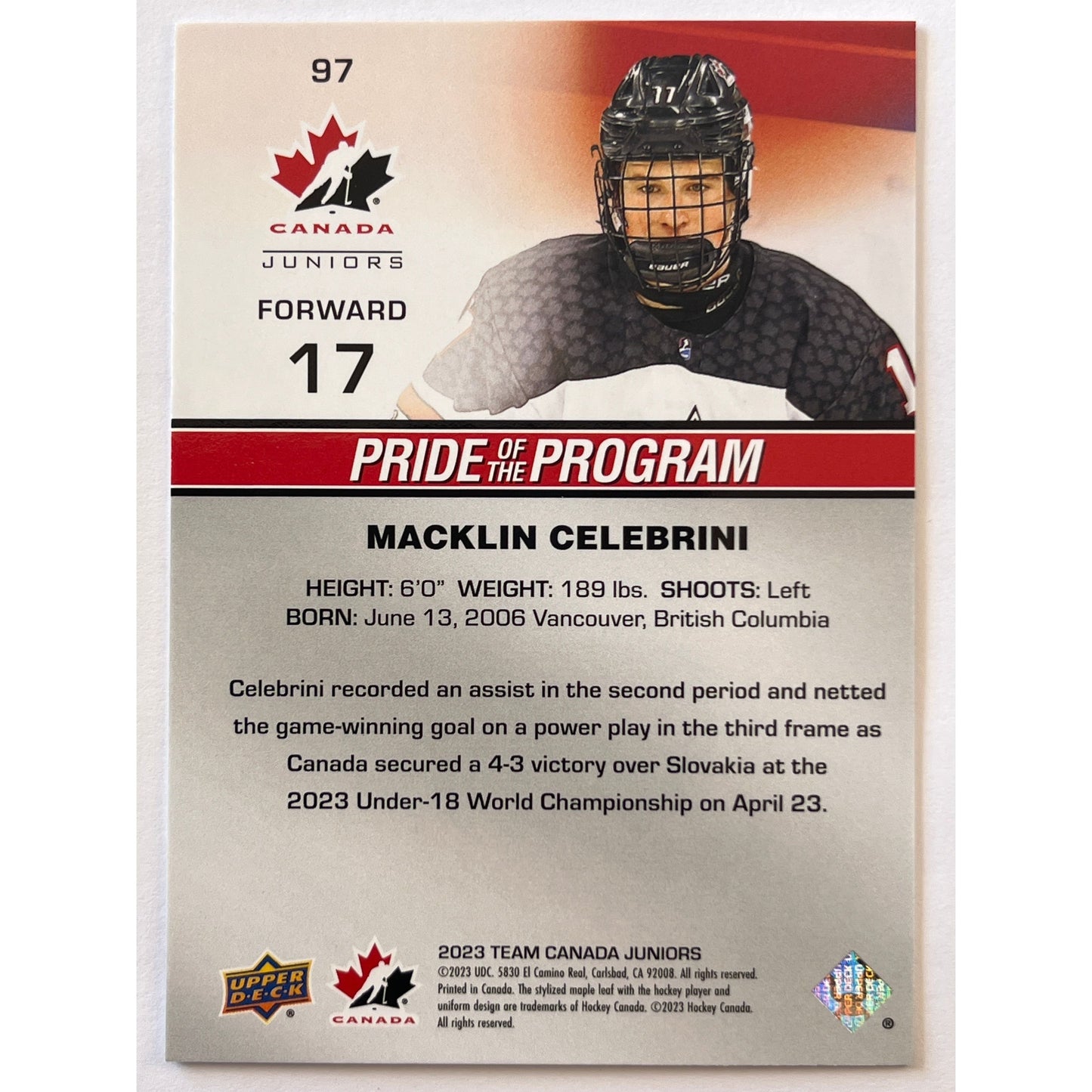 2023 Team Canada Juniors Macklin Celebrini Pride Of The Program | Local Legends Cards & Collectibles