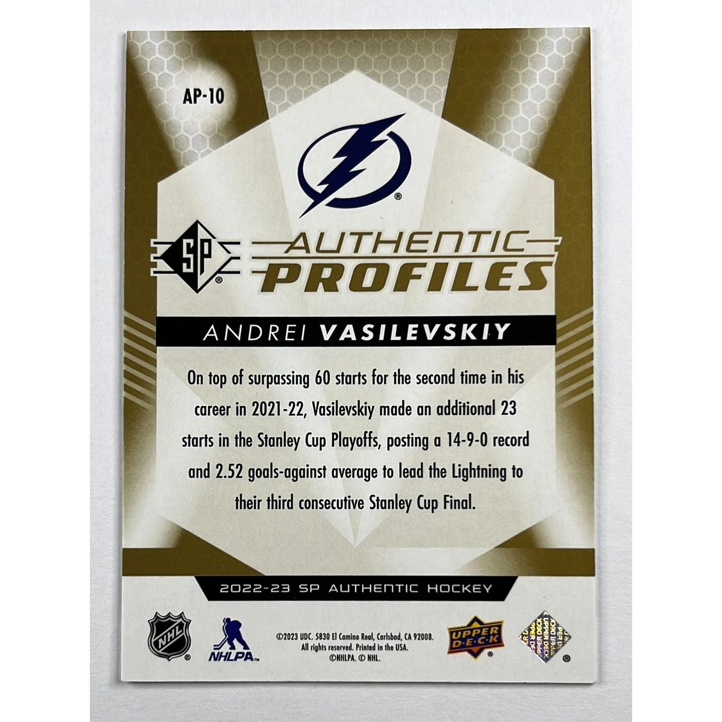 2022-23 SP Authentic Andrei Vasilevskiy Authentic Profiles Gold /199 | Local Legends Cards & Collectibles
