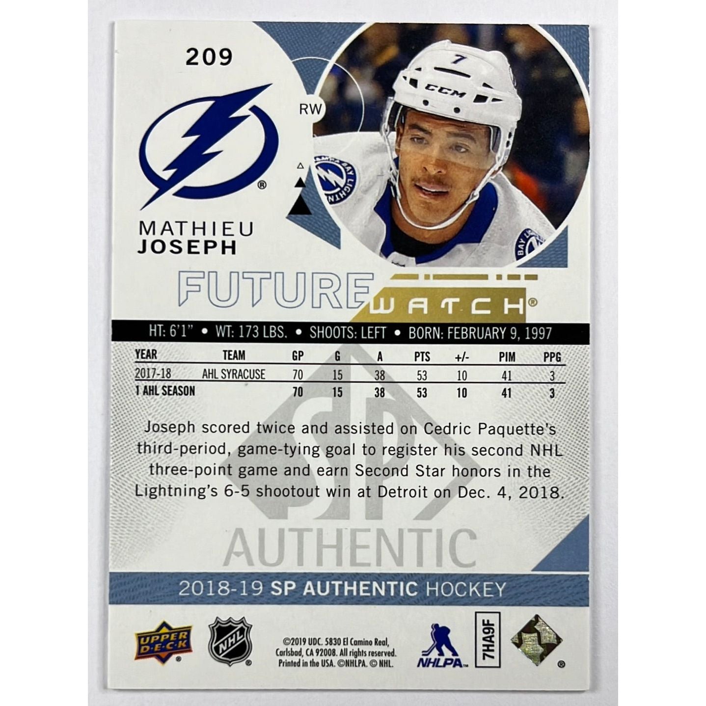 2018-19 SP Authentic Mathieu Joseph Future Watch /999 | Local Legends Cards & Collectibles