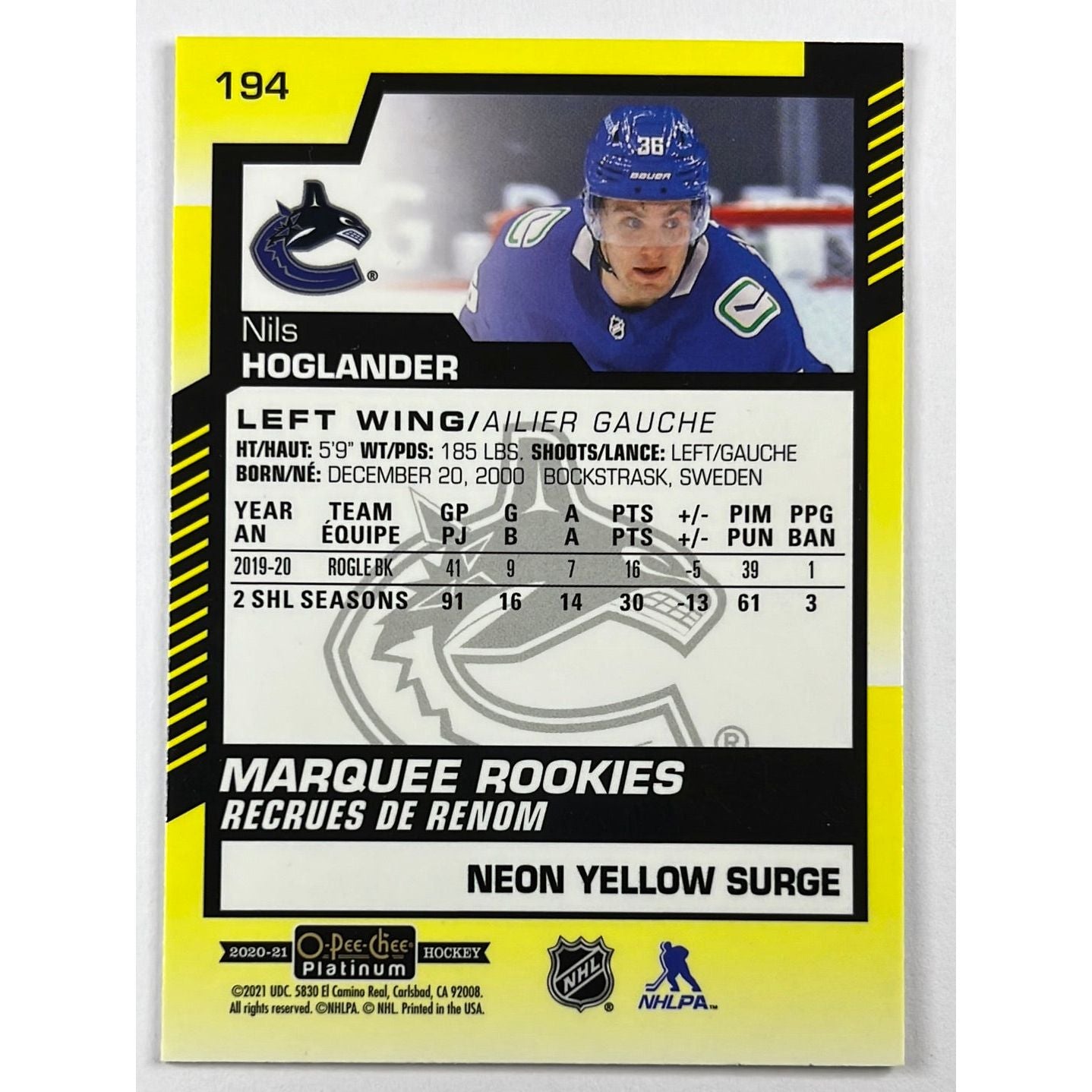 2020-21 O-Pee-Chee Platinum Nils Hoglander Neon Yellow Surge Marquee Rookies | Local Legends Cards & Collectibles