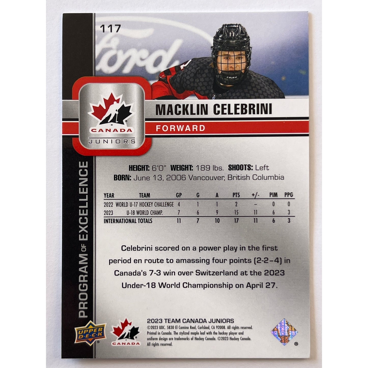 2023 Team Canada Juniors Macklin Celebrini Program Of Excellence | Local Legends Cards & Collectibles