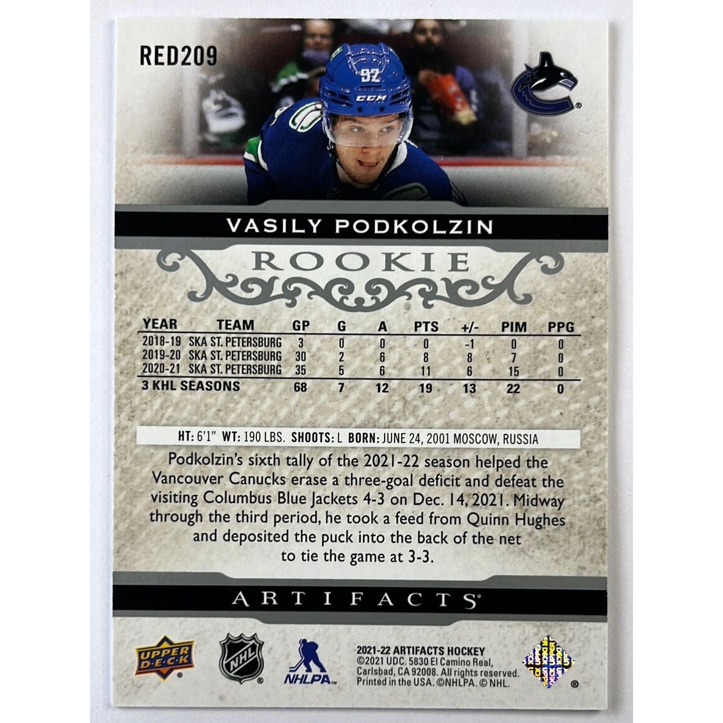 2021-22 Artifacts Vasily Podkolzin Rookie /999 | Local Legends Cards & Collectibles