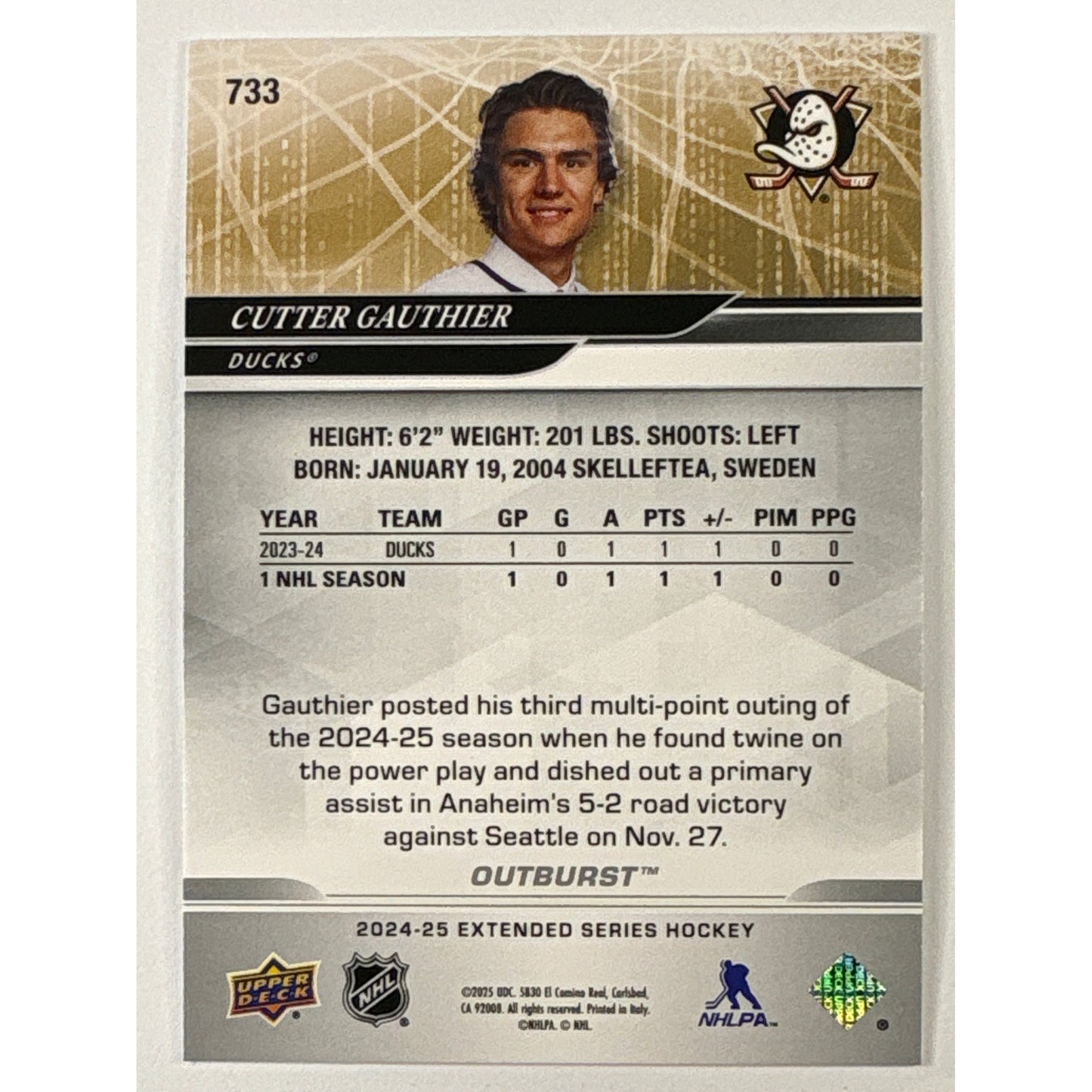 2024-25 Upper Deck Extended Series Cutter Gauthier Round 1 Draft RC Outburst | Local Legends Cards & Collectibles