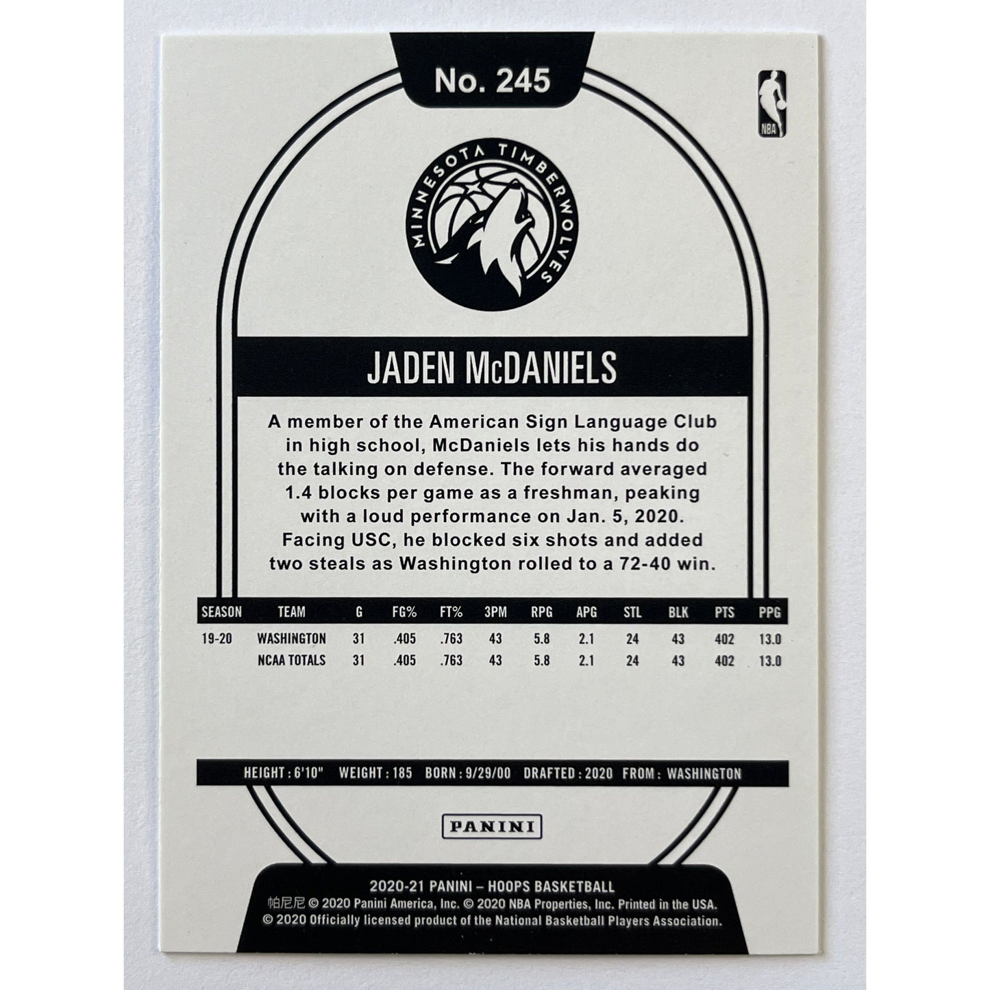 2020-21 Hoops Jaden McDaniels Yellow Flood RC | Local Legends Cards & Collectibles