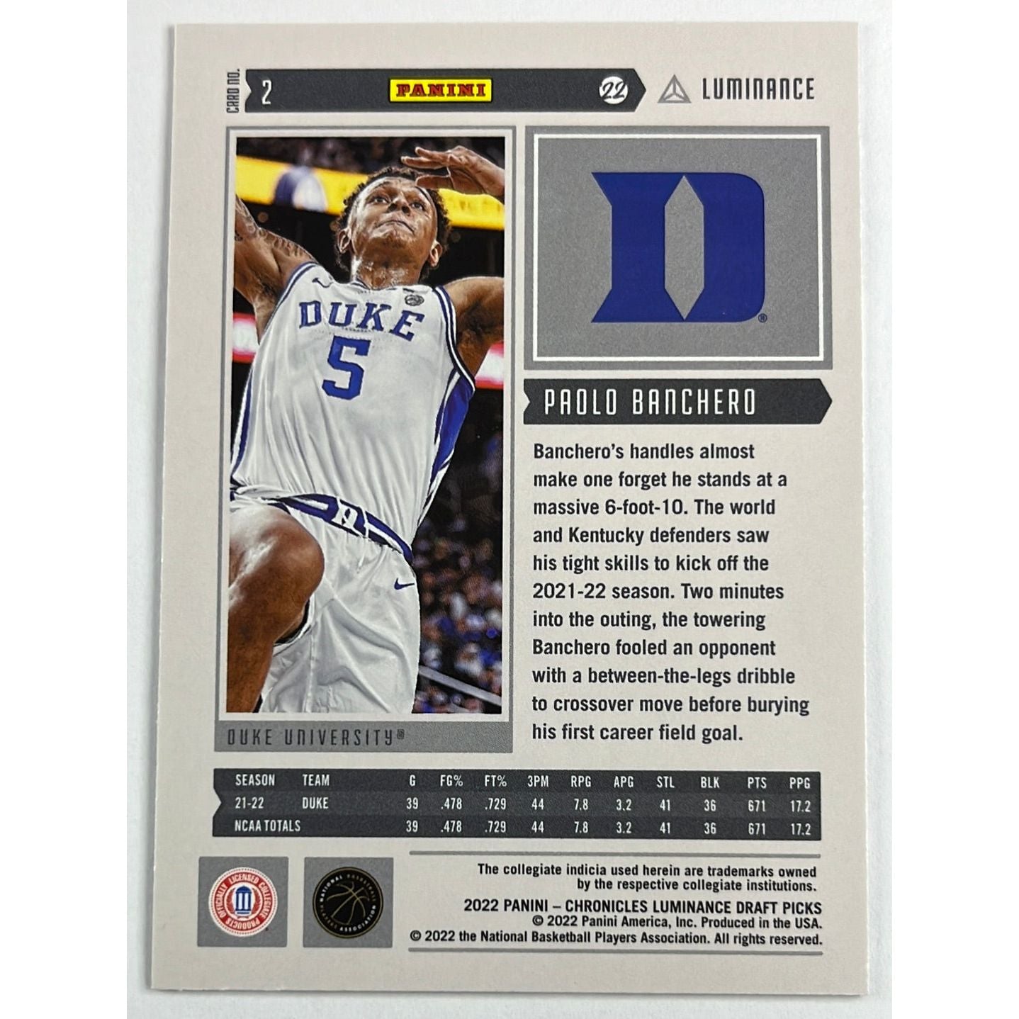 2022 Chronicles Luminance DP Paolo Banchero RC | Local Legends Cards & Collectibles