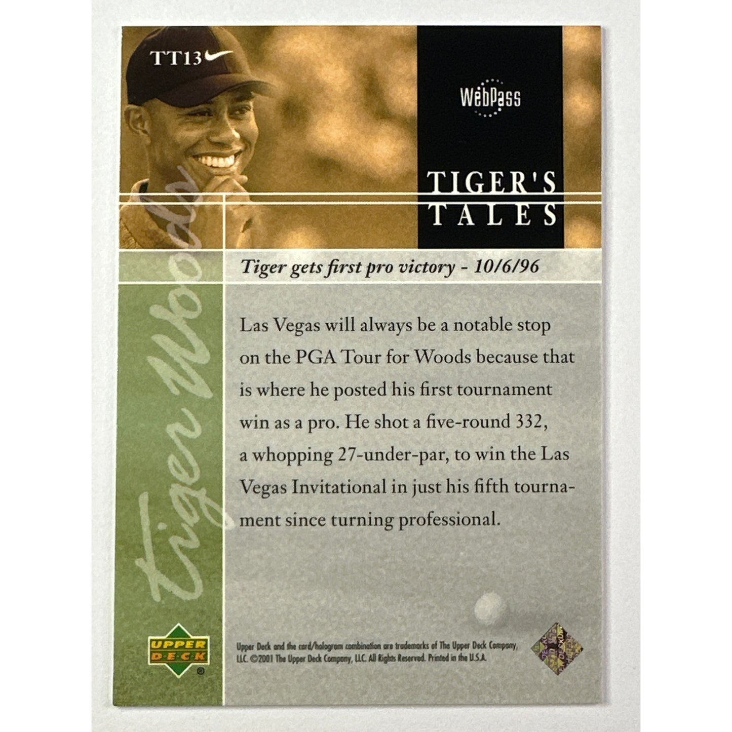 2001 Upper Deck Tiger Woods Tiger’s Tales Tiger Gets First Pro Victory RC | Local Legends Cards & Collectibles