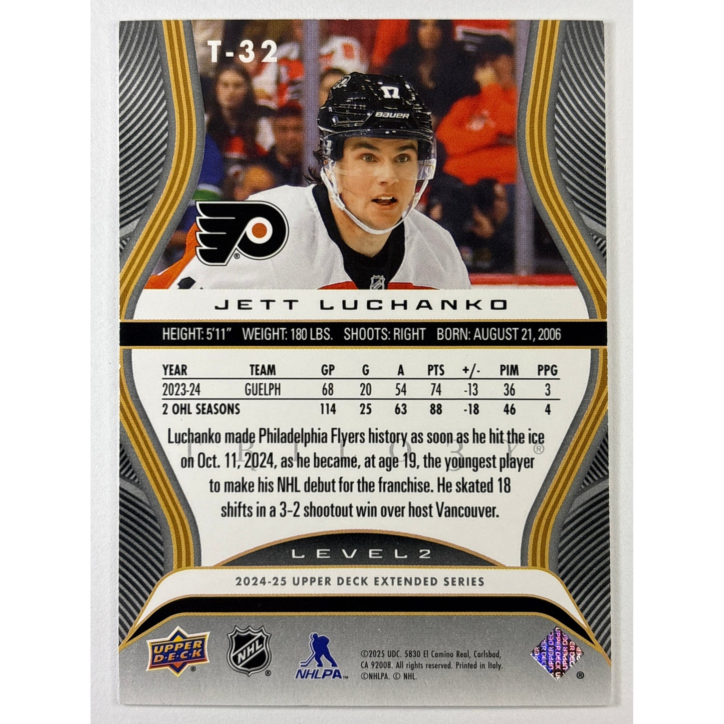 2024-25 Upper Deck Extended Series Jett Luchanko Rookie Premiers Level 2 /499 | Local Legends Cards & Collectibles