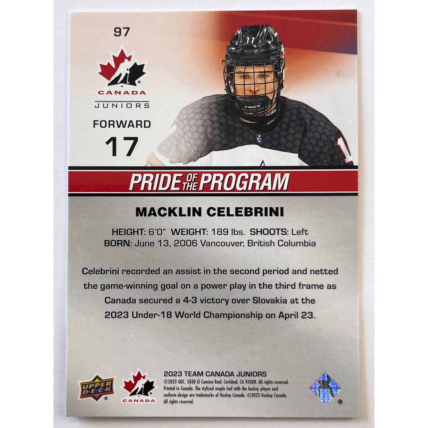 2023 Team Canada Juniors Pride Of The Program Red Foil | Local Legends Cards & Collectibles