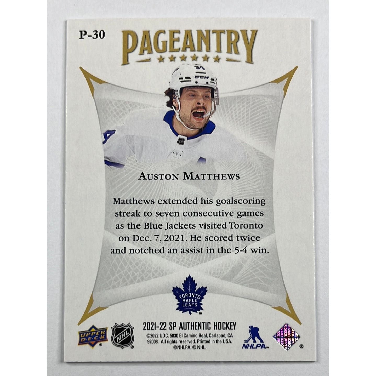 2021-22 SP Authentic Auston Mathews Pageantry | Local Legends Cards & Collectibles