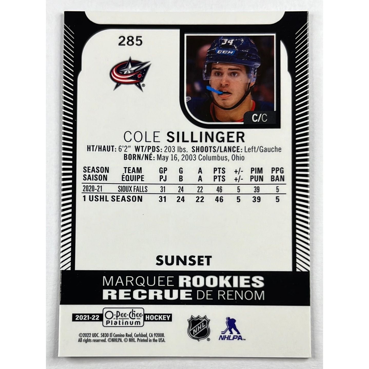 2021-22 O-Pee-Chee Platinum Cole Sillinger Marquee Rookies Sunset | Local Legends Cards & Collectibles