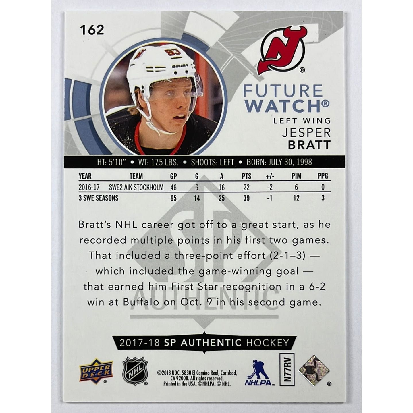 2017-18 SP Authentic Jesper Bratt Future Watch /999 | Local Legends Cards & Collectibles