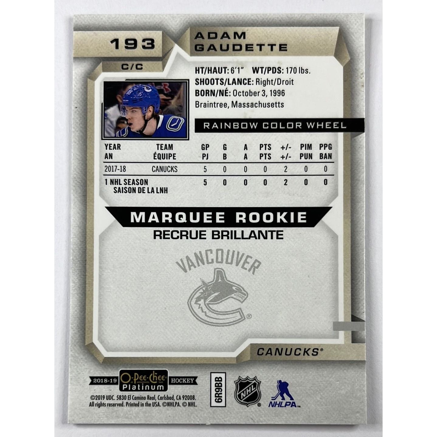 2018-19 O-Pee-Chee Platinum Adam Gaudette Marquee Rookie Rainbow Colour Wheel | Local Legends Cards & Collectibles