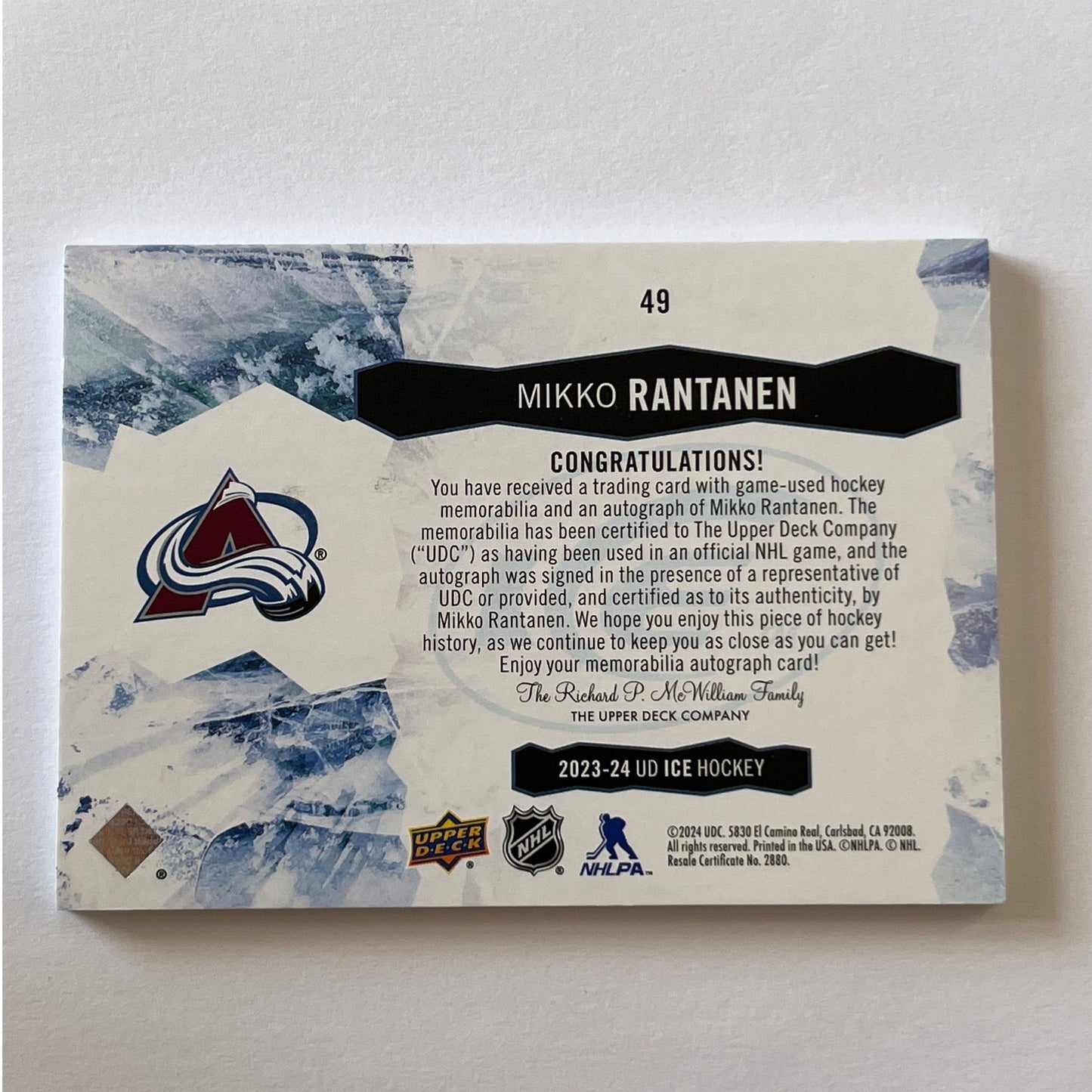 2023-24 ICE Mikko Rantanen Gold Auto Patch /49 | Local Legends Cards & Collectibles