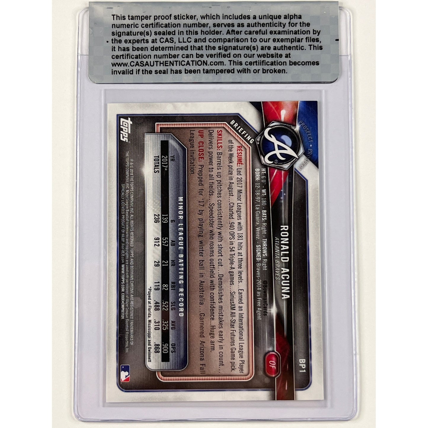 2018 Bowman Ronald Acuna Prospect RC Auto CAS Authenticated | Local Legends Cards & Collectibles