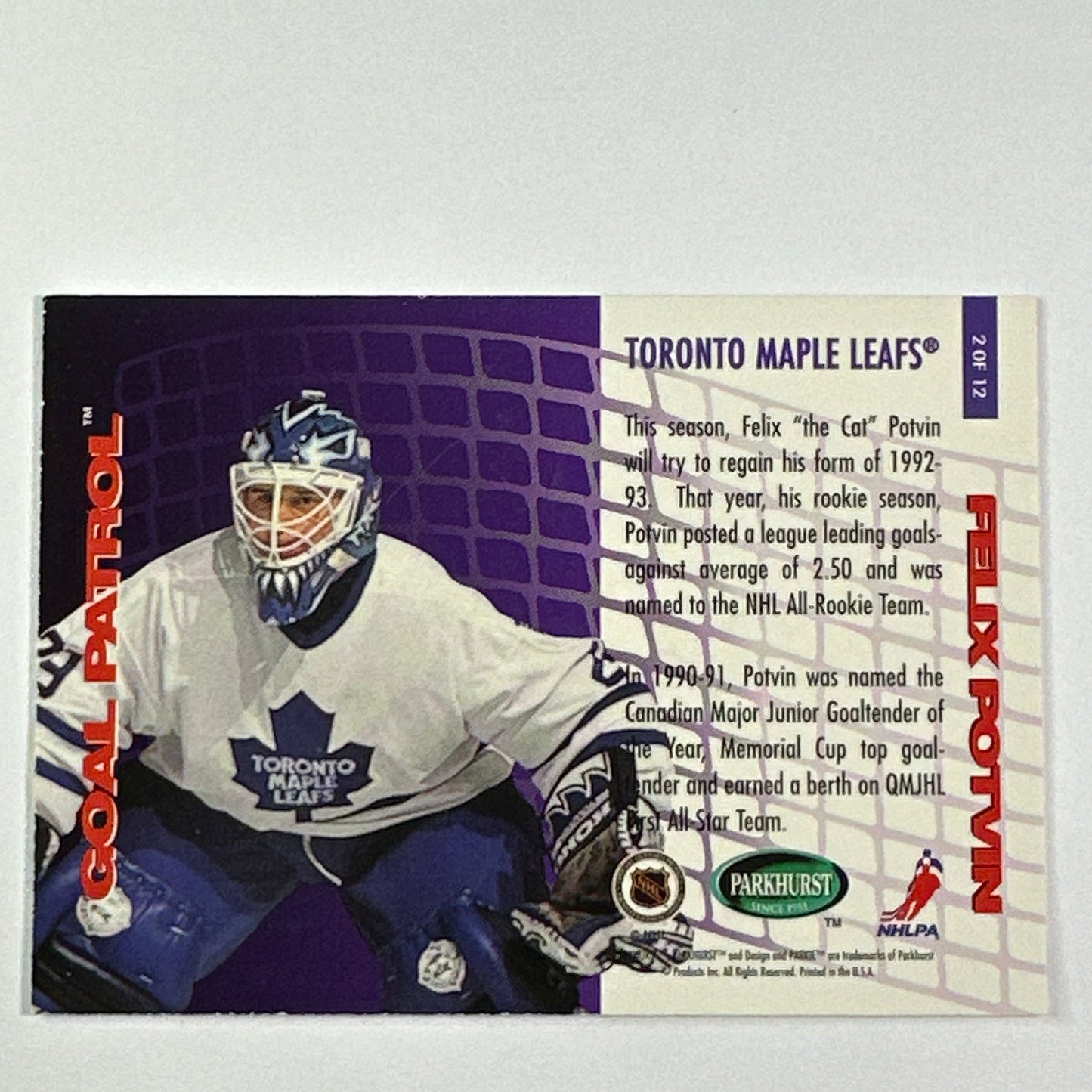 1995-96 Parkhurst Felix Potvin Goal Patrol Embossed | Local Legends Cards & Collectibles