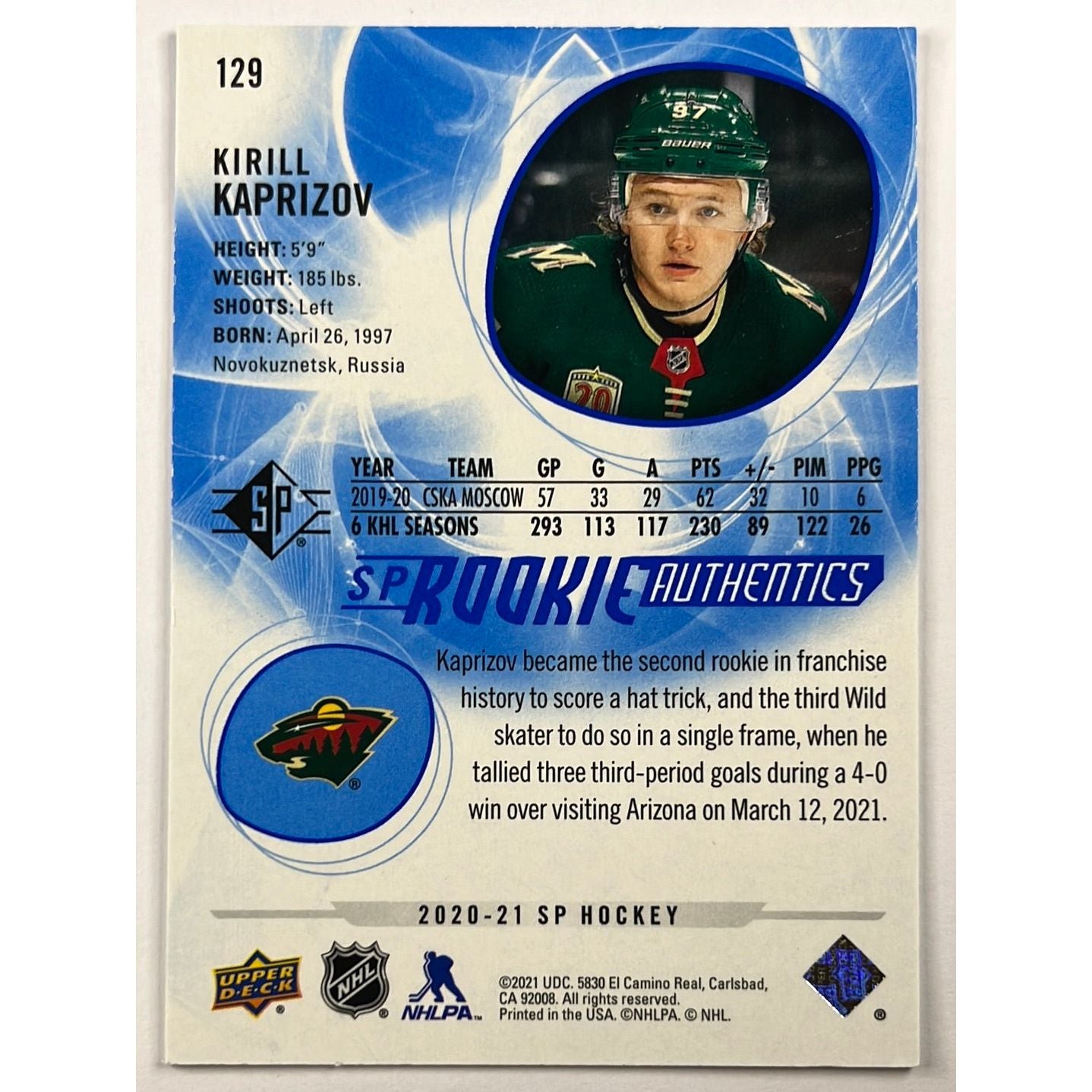 2020-21 SP Kirill Kaprizov Blue Rookie Authentics | Local Legends Cards & Collectibles