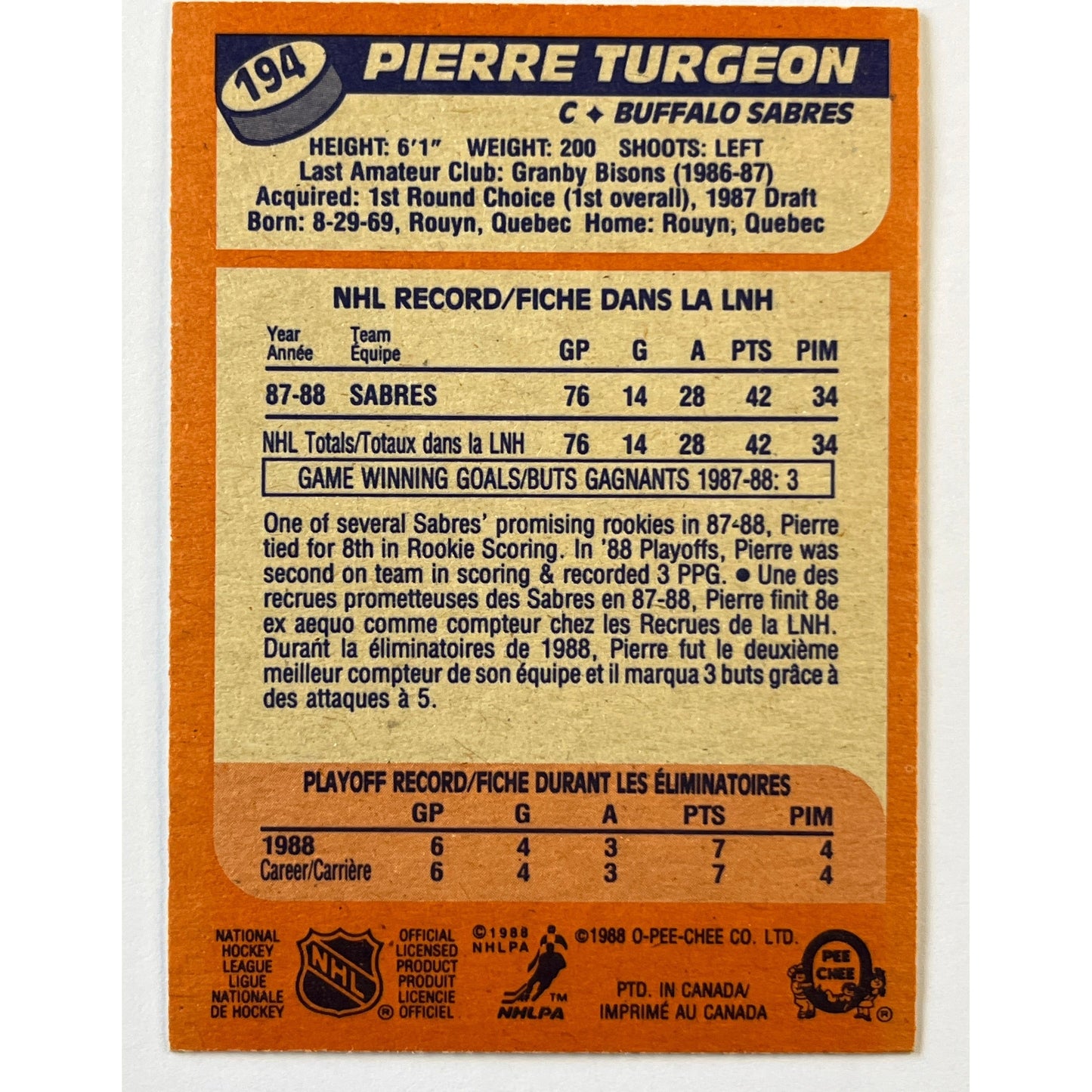 1988-89 O-Pee-Chee Pierre Turgeon RC | Local Legends Cards & Collectibles