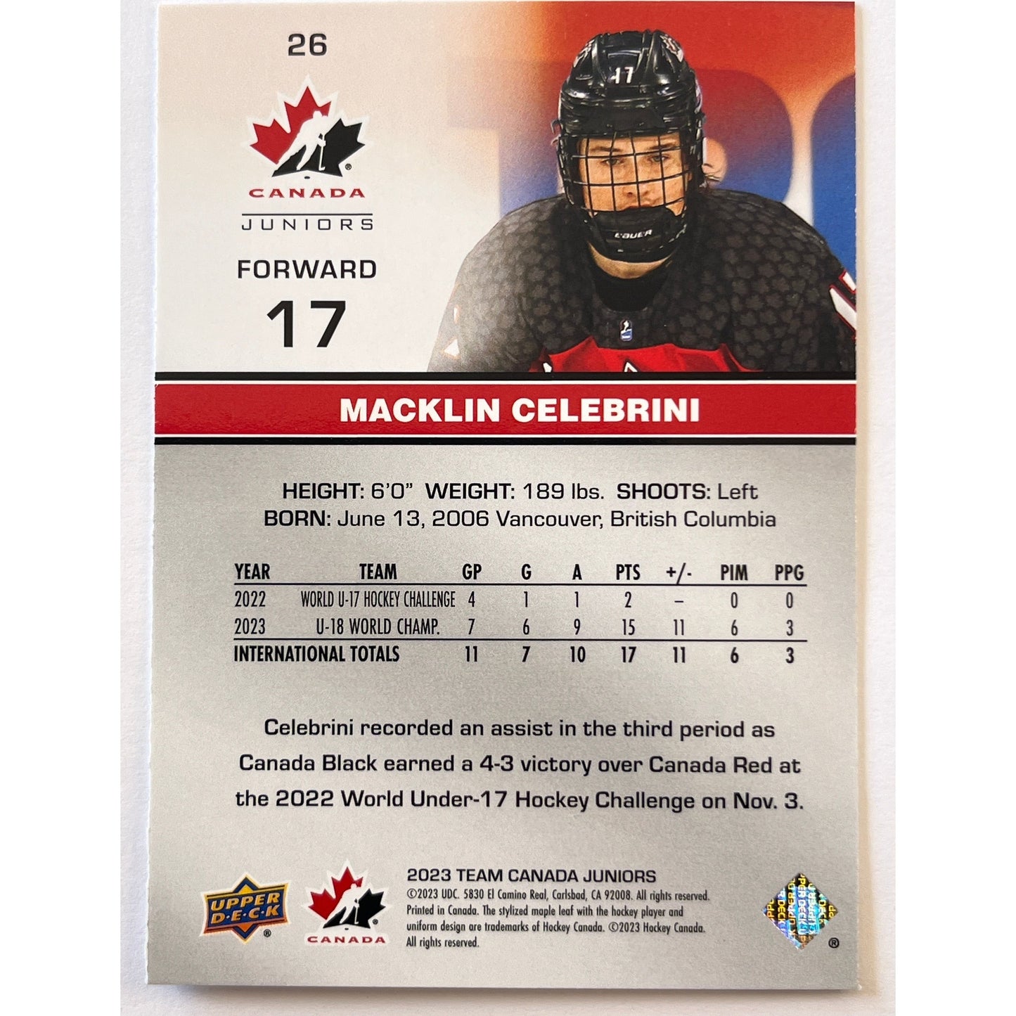 2023 Team Canada Juniors Macklin Celebrini Pre RC | Local Legends Cards & Collectibles