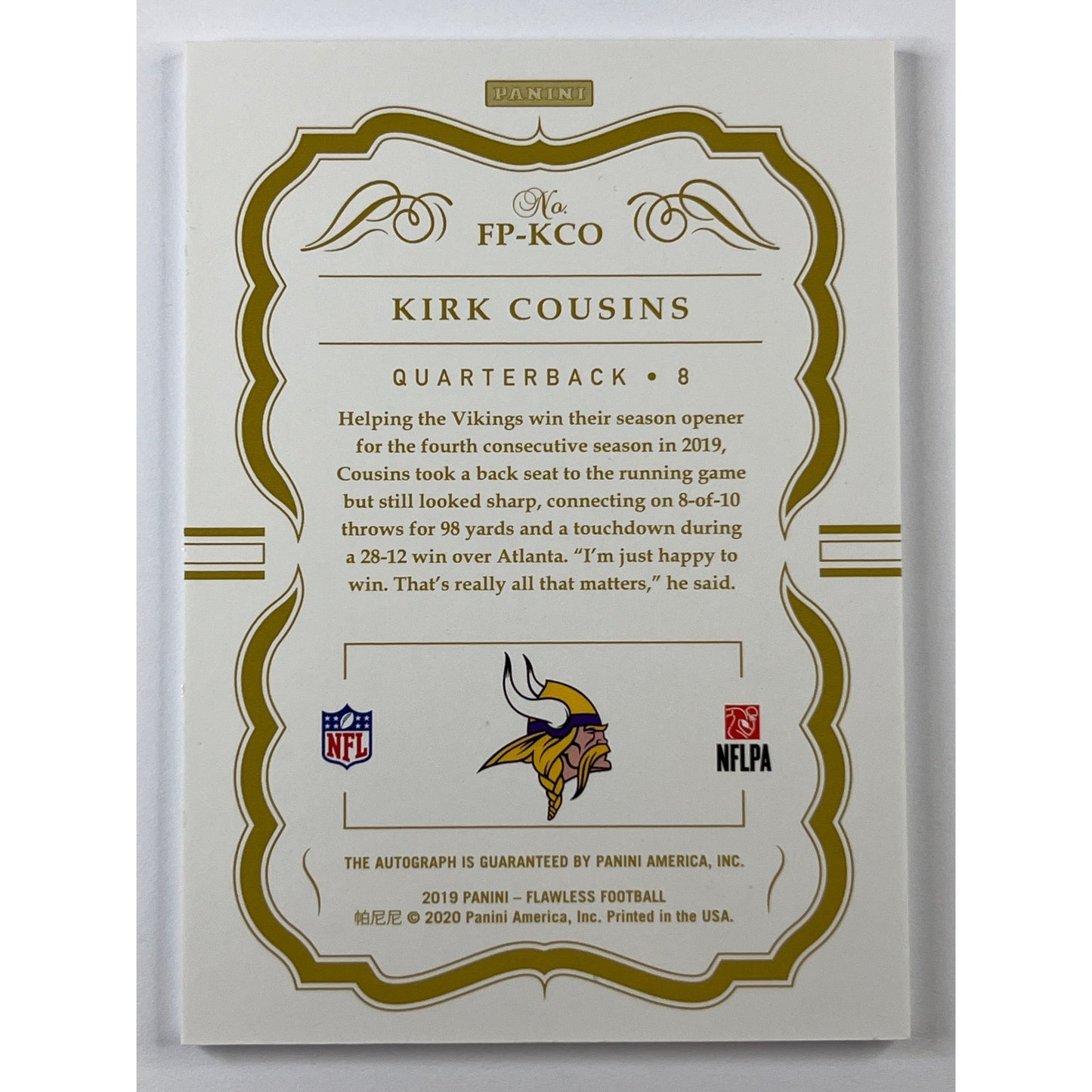 2019 Panini Flawless Kirk Cousins Flawless Penmanship /15 | Local Legends Cards & Collectibles