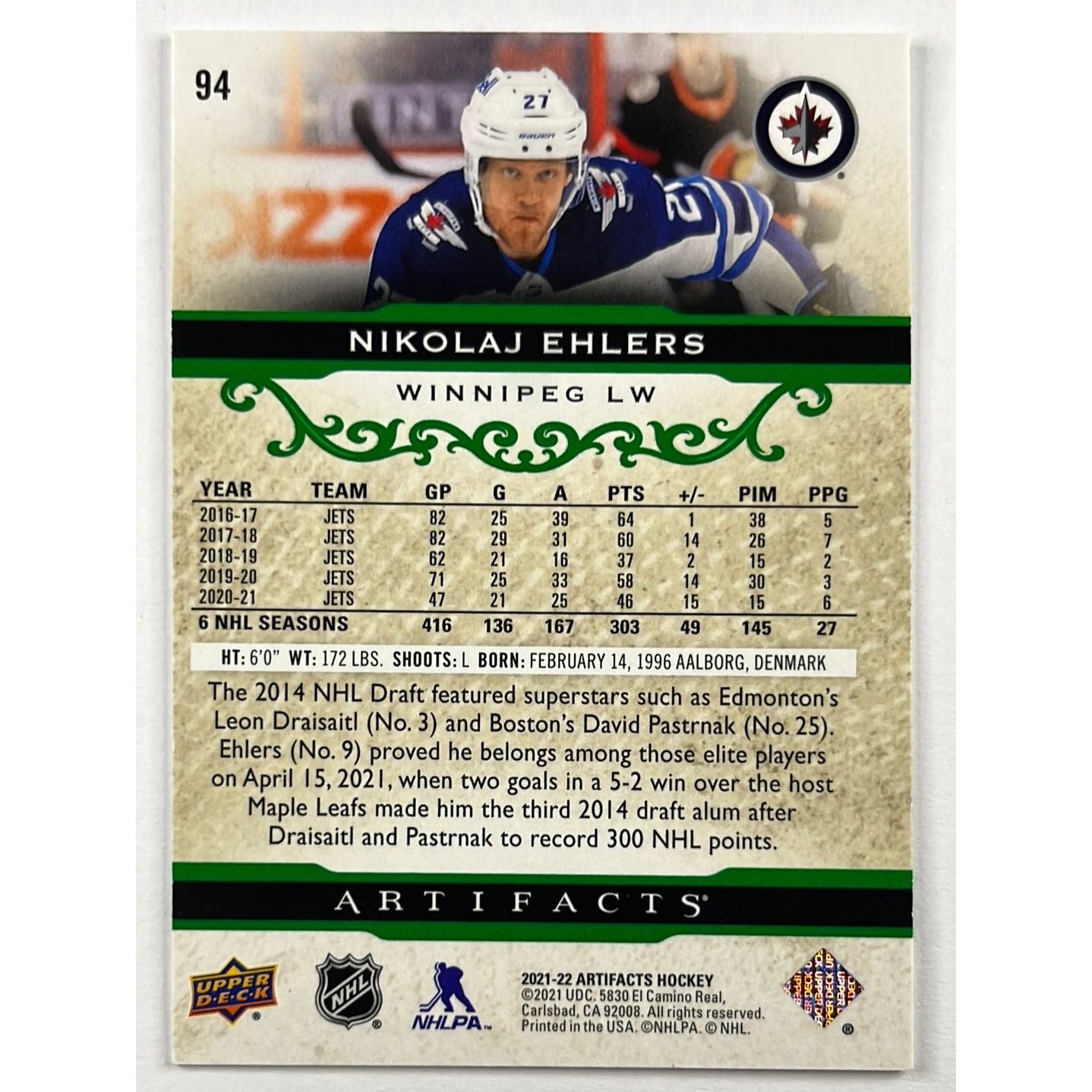 2021-22 Artifacts Nikolaj Ehlers Emerald /99 | Local Legends Cards & Collectibles