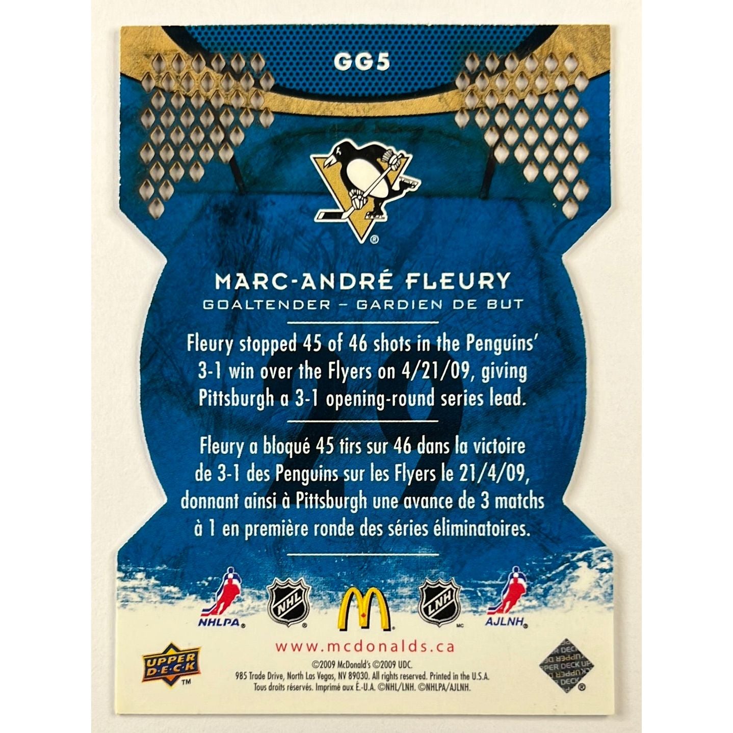 2009 McDonald’s Marc-Andre Fleury Goaltending Greats Die Cut | Local Legends Cards & Collectibles