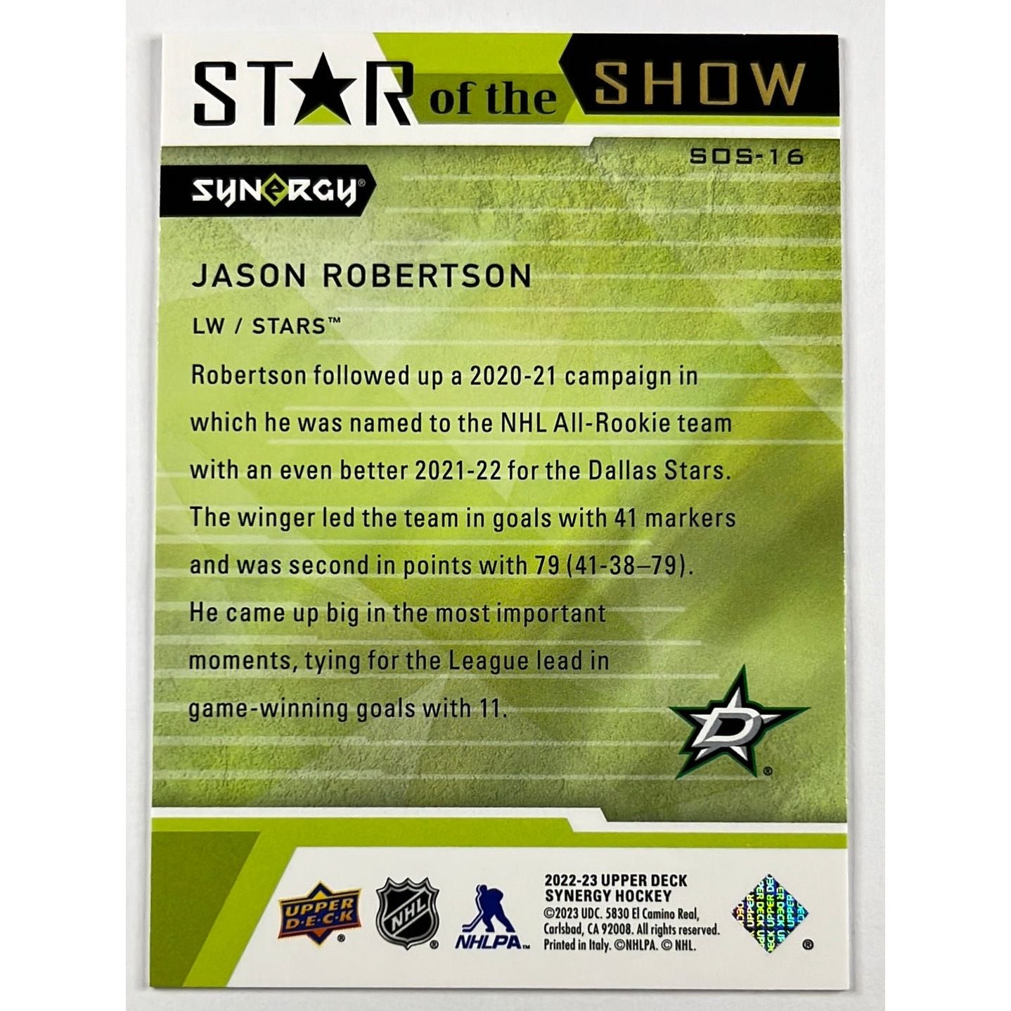 2022-23 Synergy Jason Robertson Star of the Show | Local Legends Cards & Collectibles