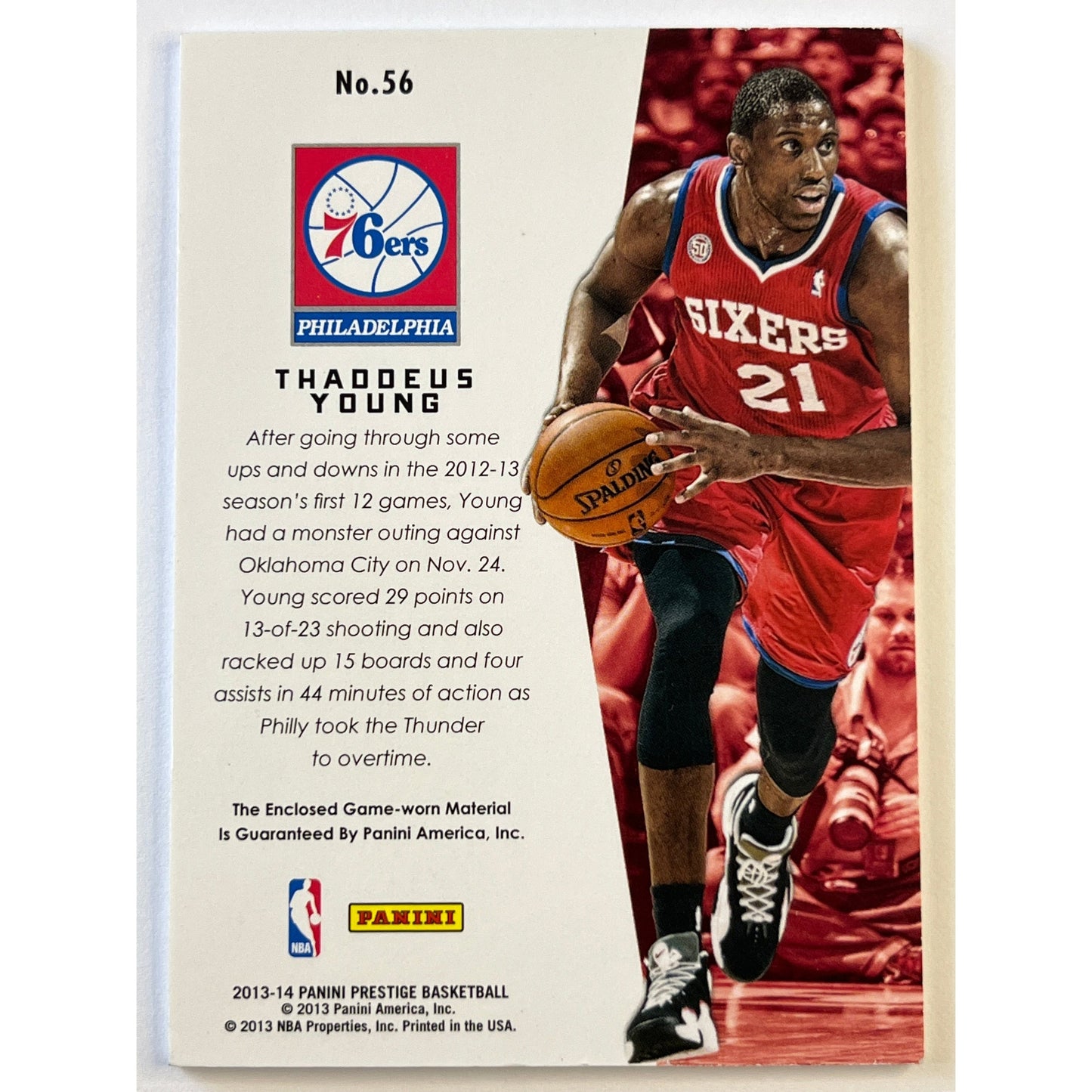 2013-14 Prestige Thaddeus Young True Colors Game Worn Patch | Local Legends Cards & Collectibles