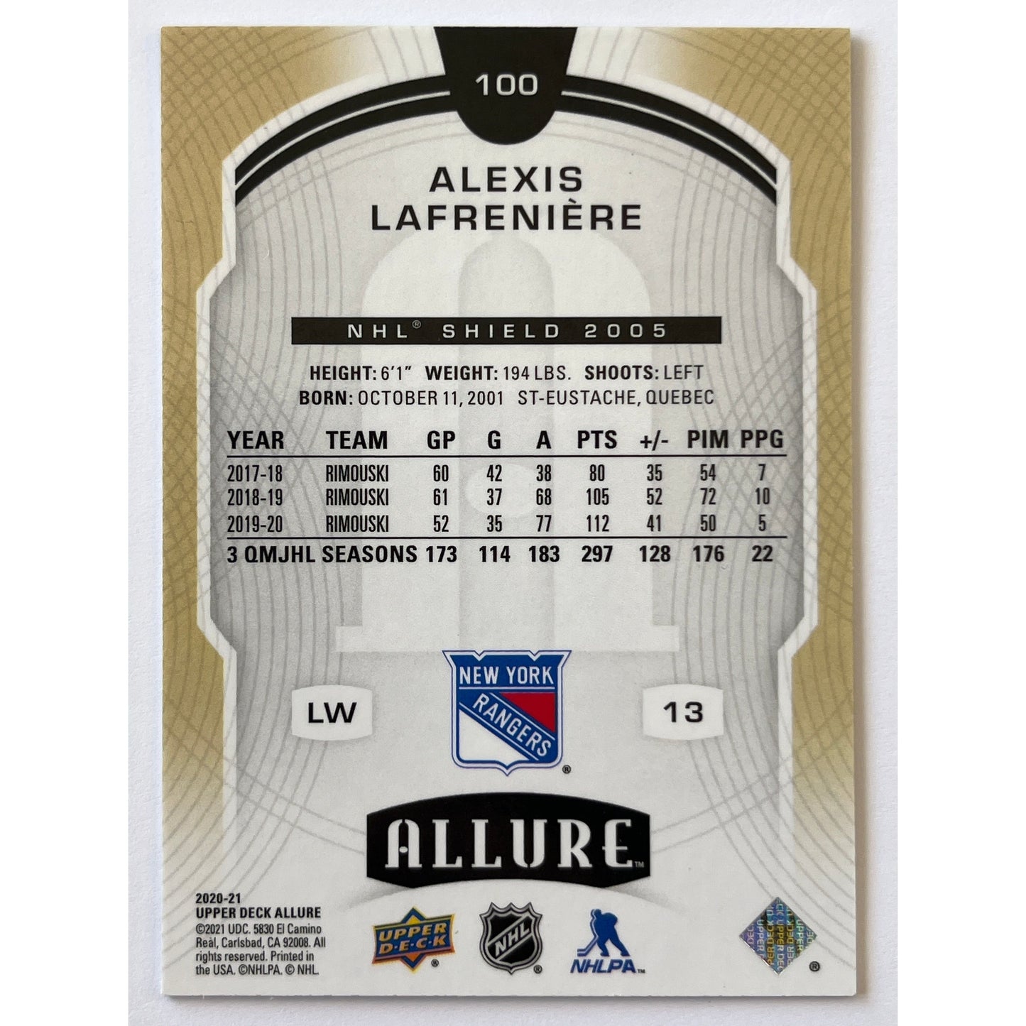 2020-21 Allure Alexis Lafreniere 2005 NHL Shield RC | Local Legends Cards & Collectibles