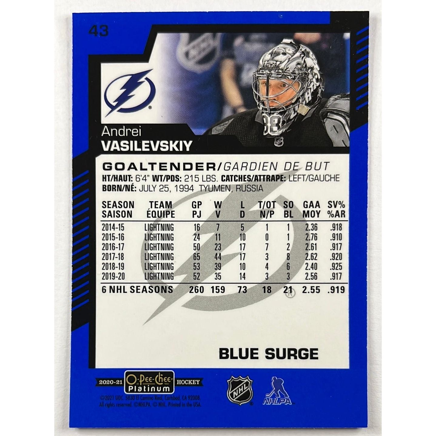 2020-21 O-Pee-Chee Platinum Andrei Vasilevskiy Blue Surge | Local Legends Cards & Collectibles