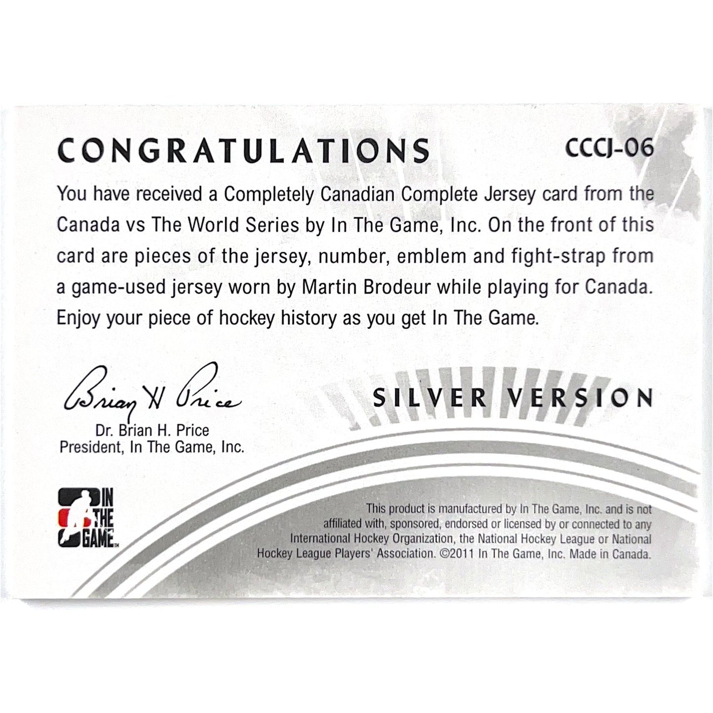 2010-11 In The Game Martin Brodeur Complete Jersey 1/1 Jersey, Emblem, Number, Fight-Strap Canada Vs The World Completely Canadian | Local Legends Cards & Collectibles