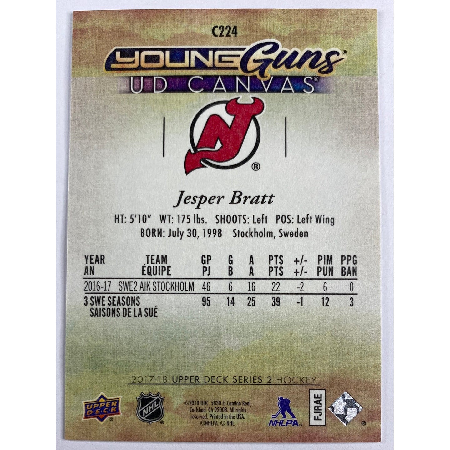2017-18 Series 2 Jesper Bratt Young Guns Canvas | Local Legends Cards & Collectibles