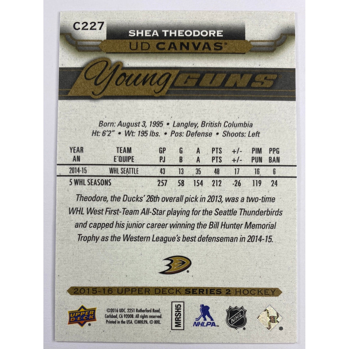 2015-16 Upper Deck Series 2 Shea Theodore Young Guns Canvas | Local Legends Cards & Collectibles