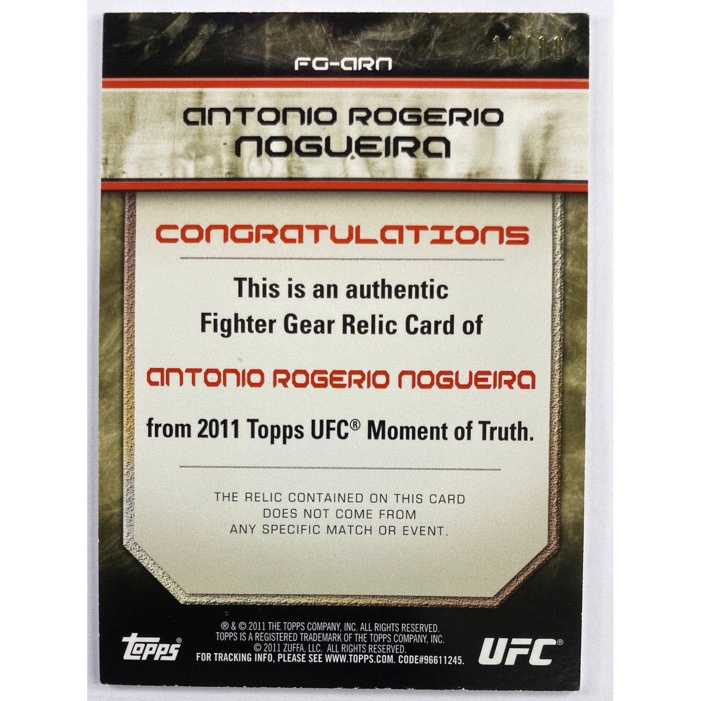 2011 Topps Moment Of Truth Antonio “Big Nog” Nogueira Fighter Worn Relic /88 | Local Legends Cards & Collectibles