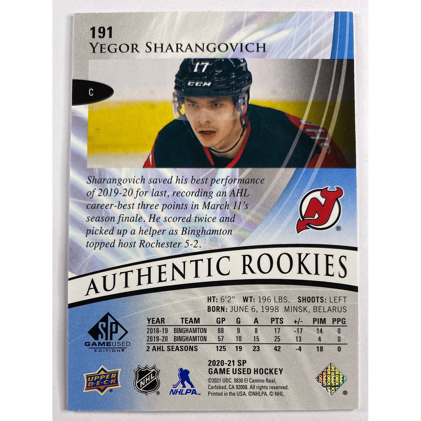 2020-21 SP Yegor Sharangovich Blue Burst Authentic Rookies /199 | Local Legends Cards & Collectibles