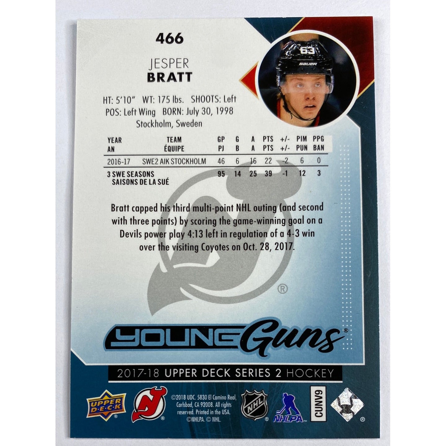 2017-18 Series 2 Jesper Bratt Young Guns | Local Legends Cards & Collectibles