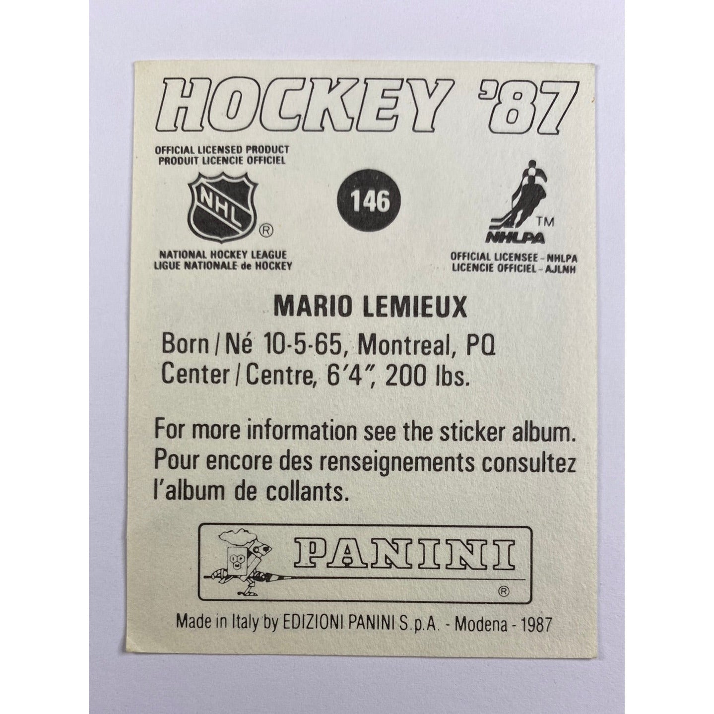 1987-88 Panini Mario Lemieux Sticker | Local Legends Cards & Collectibles