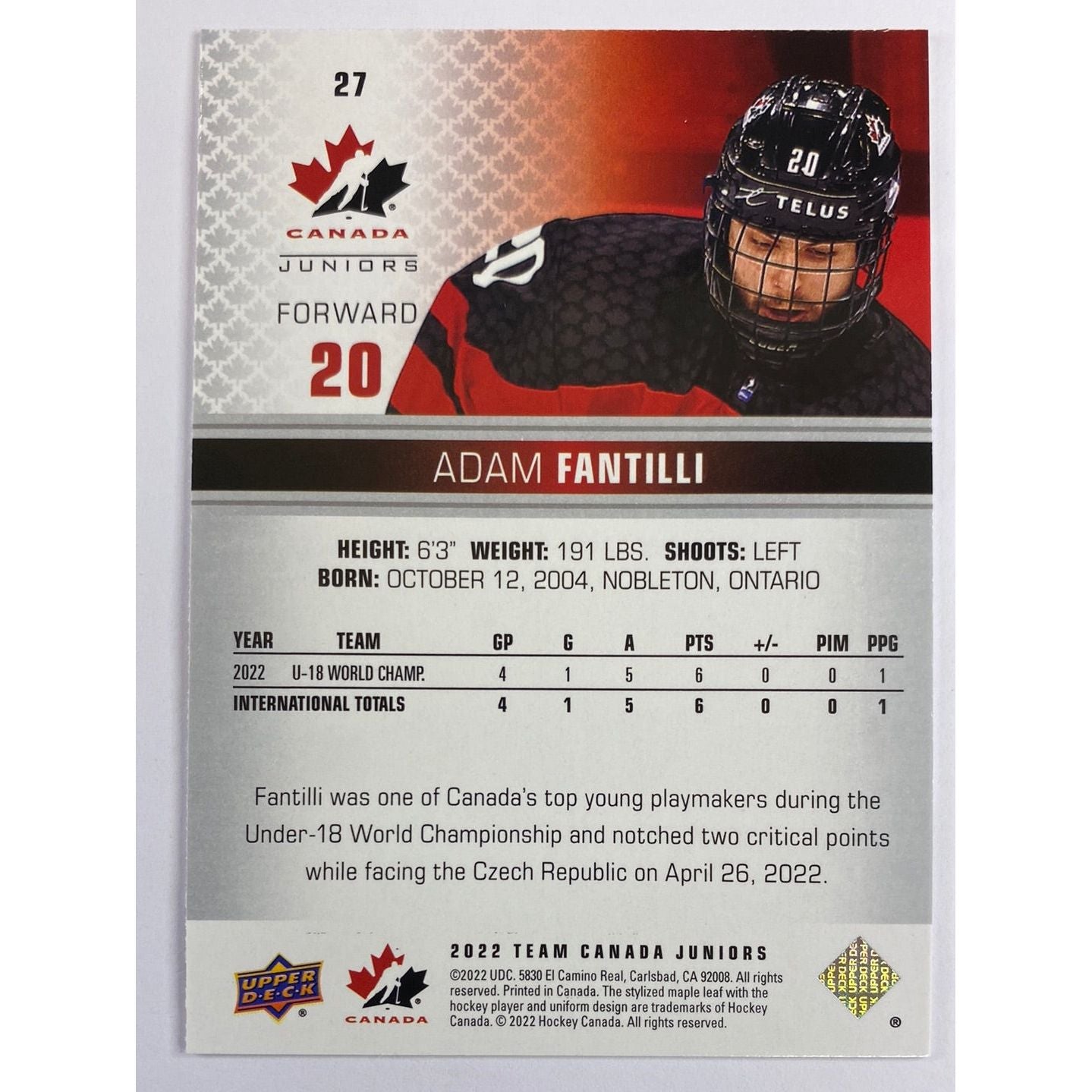 2022 Team Canada Juniors Adam Fantilli Pre Rookie | Local Legends Cards & Collectibles