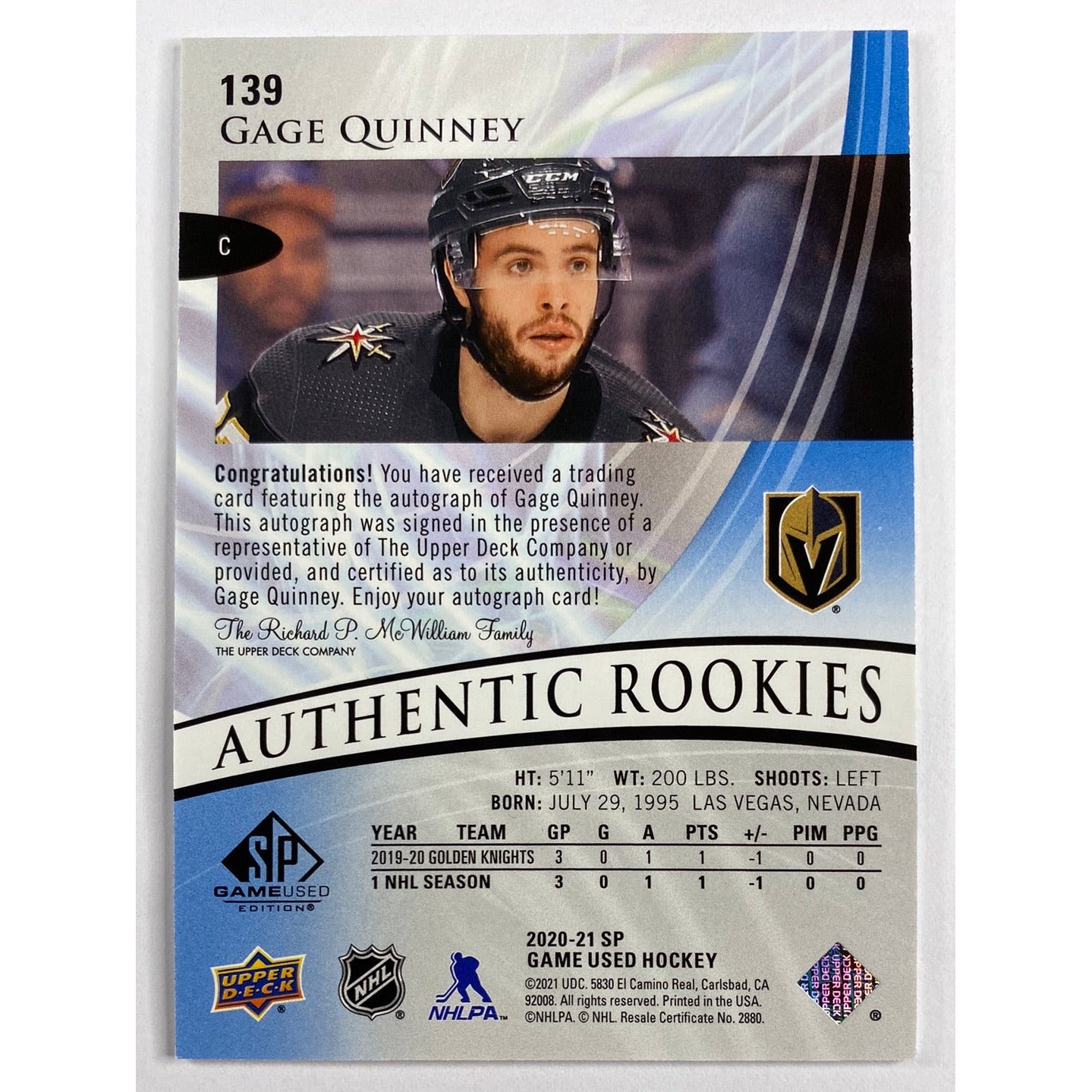 2020-21 SP Gage Quinney Blue Burst Authentic Rookies Auto | Local Legends Cards & Collectibles