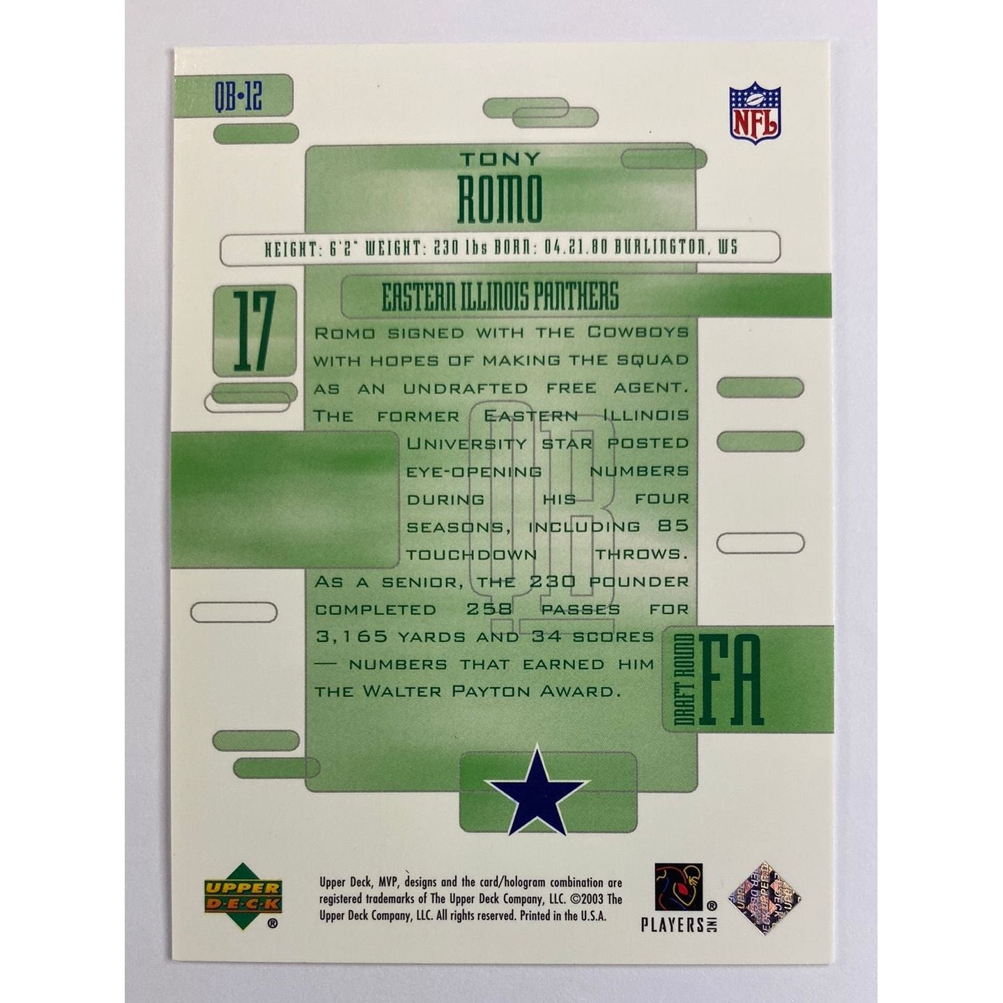 2003 Upper Deck MVP Tony Romo Future MVP Rookie Card | Local Legends Cards & Collectibles