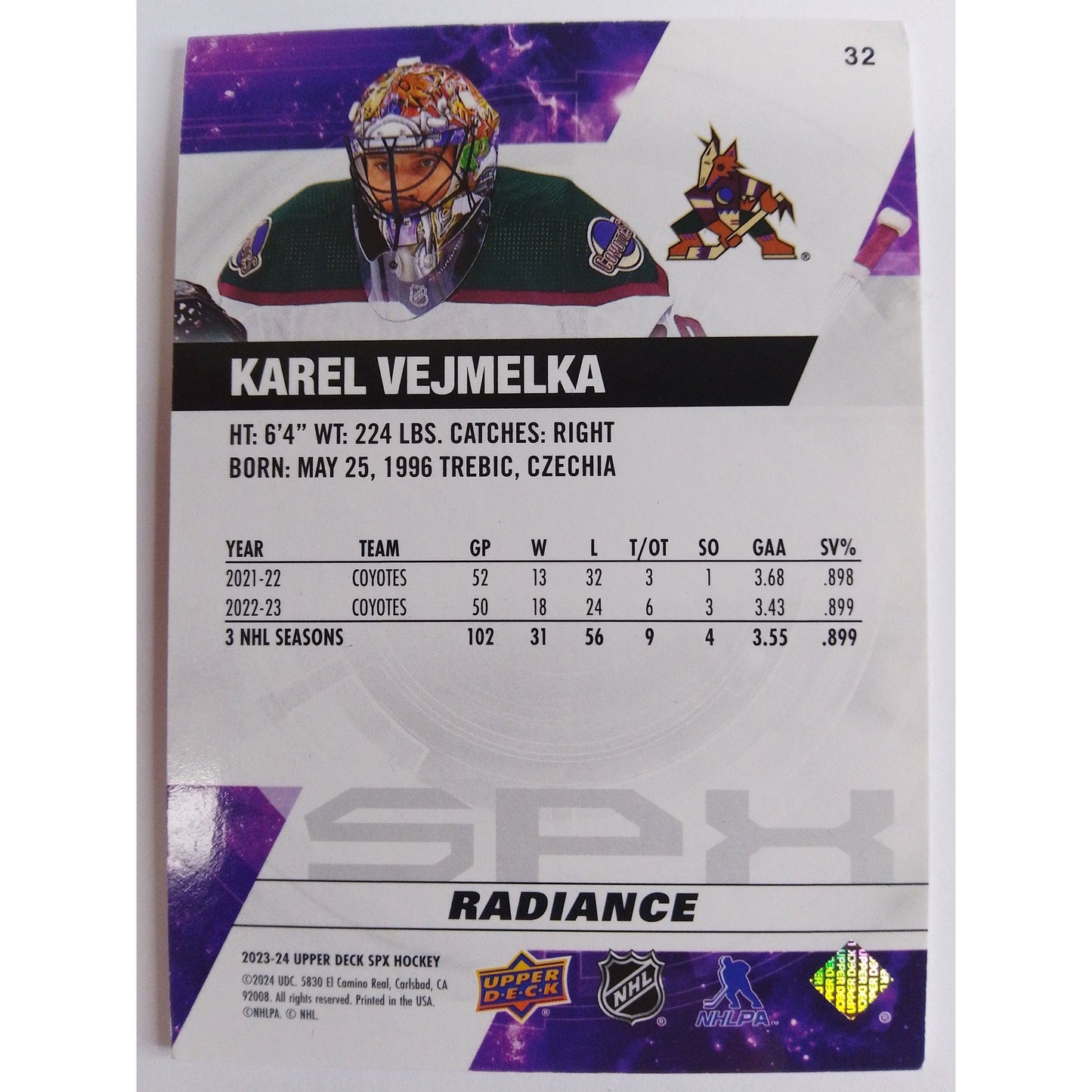 2023-24 Spx Purple Radiance /100 Karel Vejmelka | Local Legends Cards & Collectibles