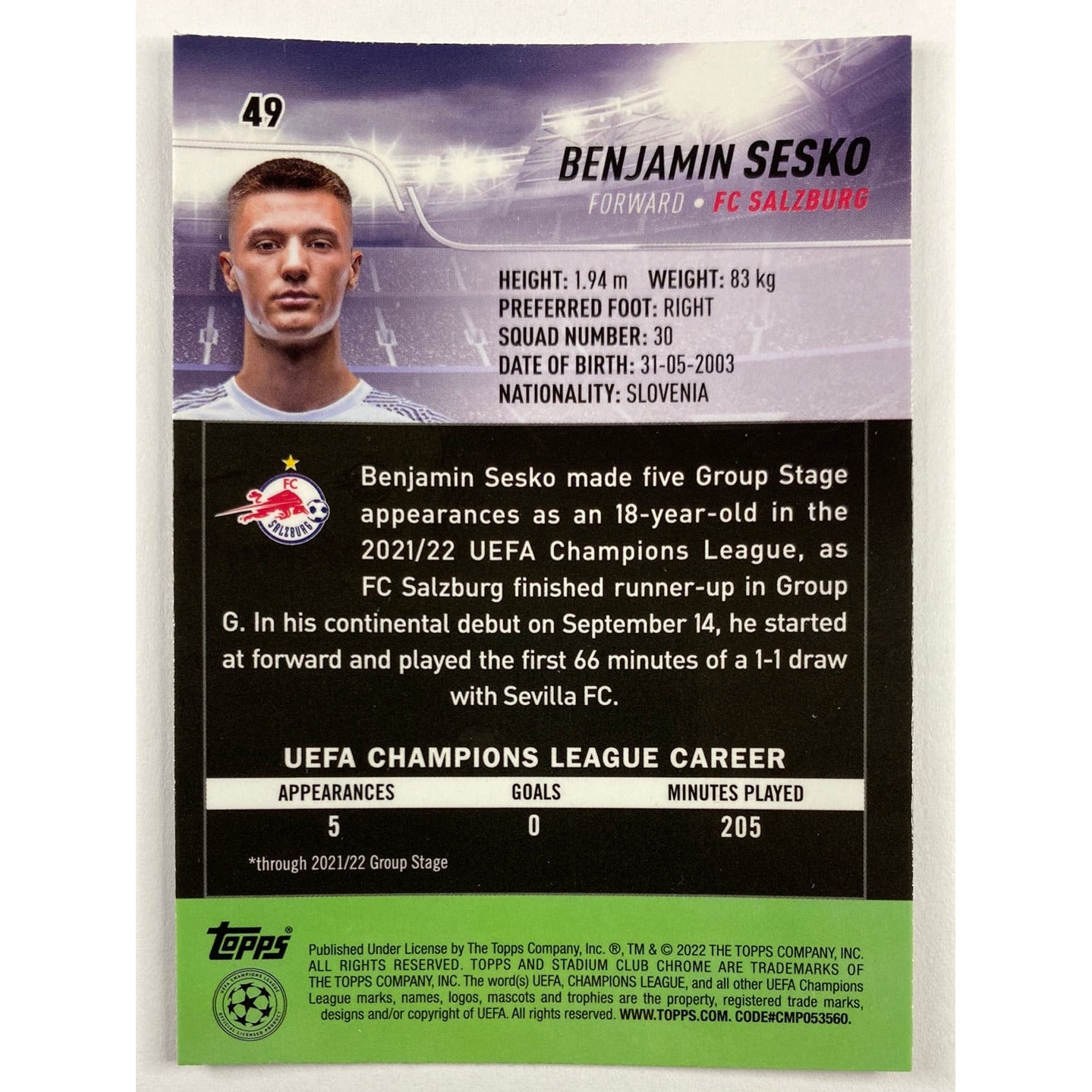 2022 Stadium Club Chrome Benjamin Sesko RC | Local Legends Cards & Collectibles