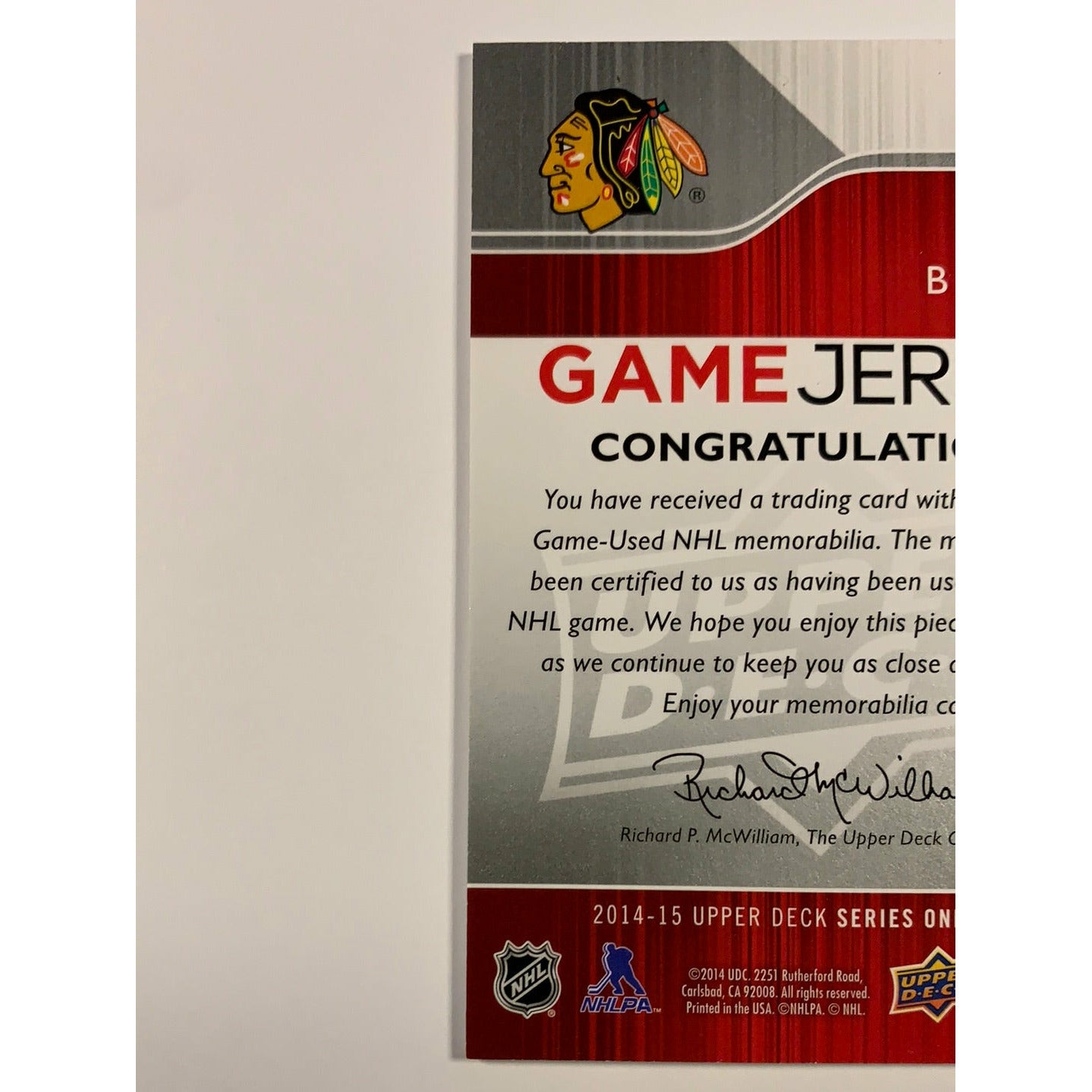 2014-15 Upper Deck Series 1 Bryan Bickell (Bloody) Game Jersey | Local Legends Cards & Collectibles