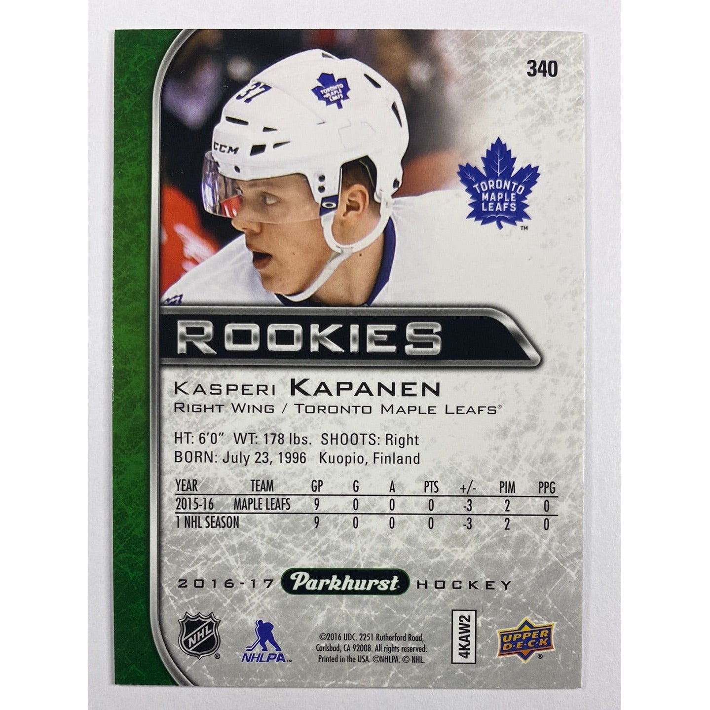 2016-17 Parkhurst Kasperi Kapanen RC | Local Legends Cards & Collectibles