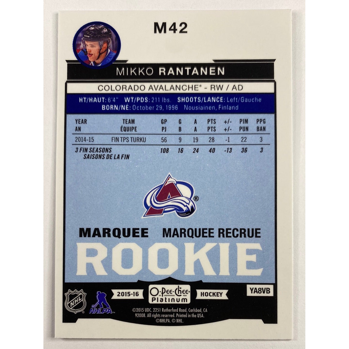 2015-16 O-Pee-Chee Platinum Mikko Rantanen Marquee Rookie | Local Legends Cards & Collectibles