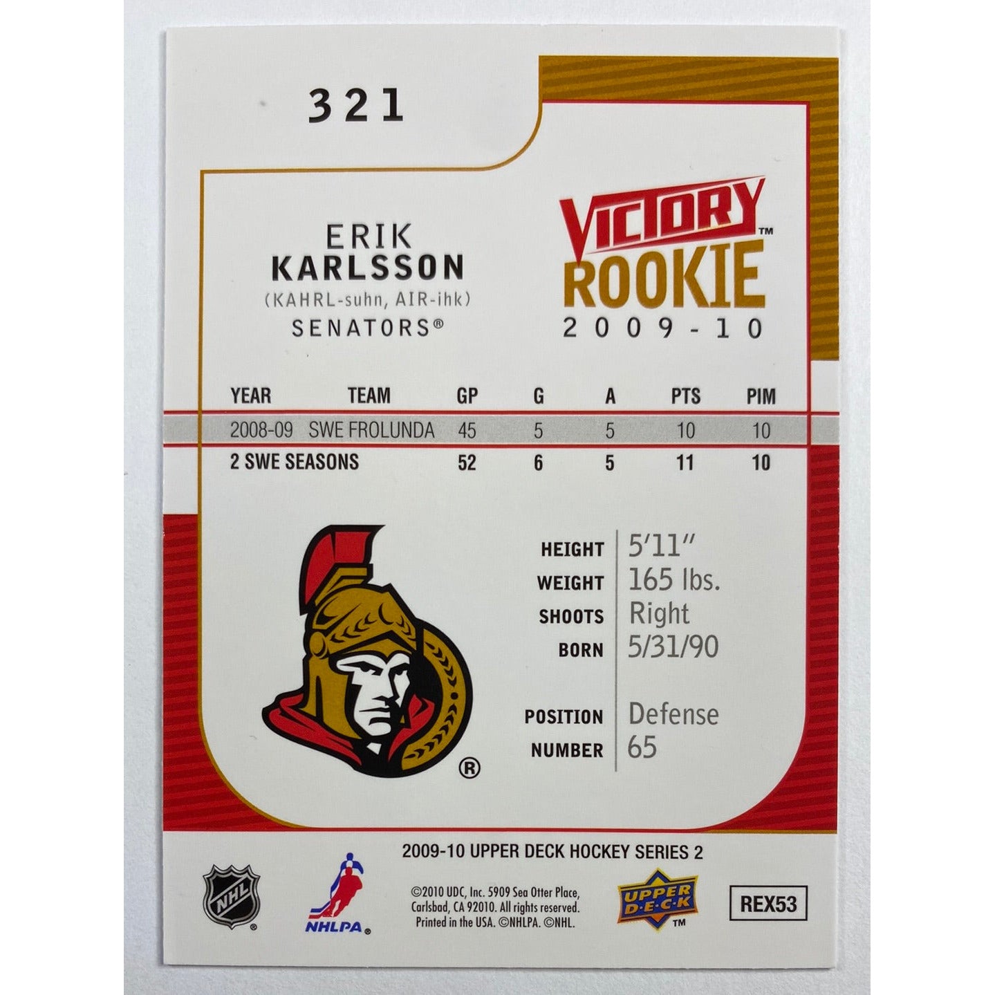 2009-10 Upper Deck Series 2 Erik Karlsson Victory Rookie | Local Legends Cards & Collectibles